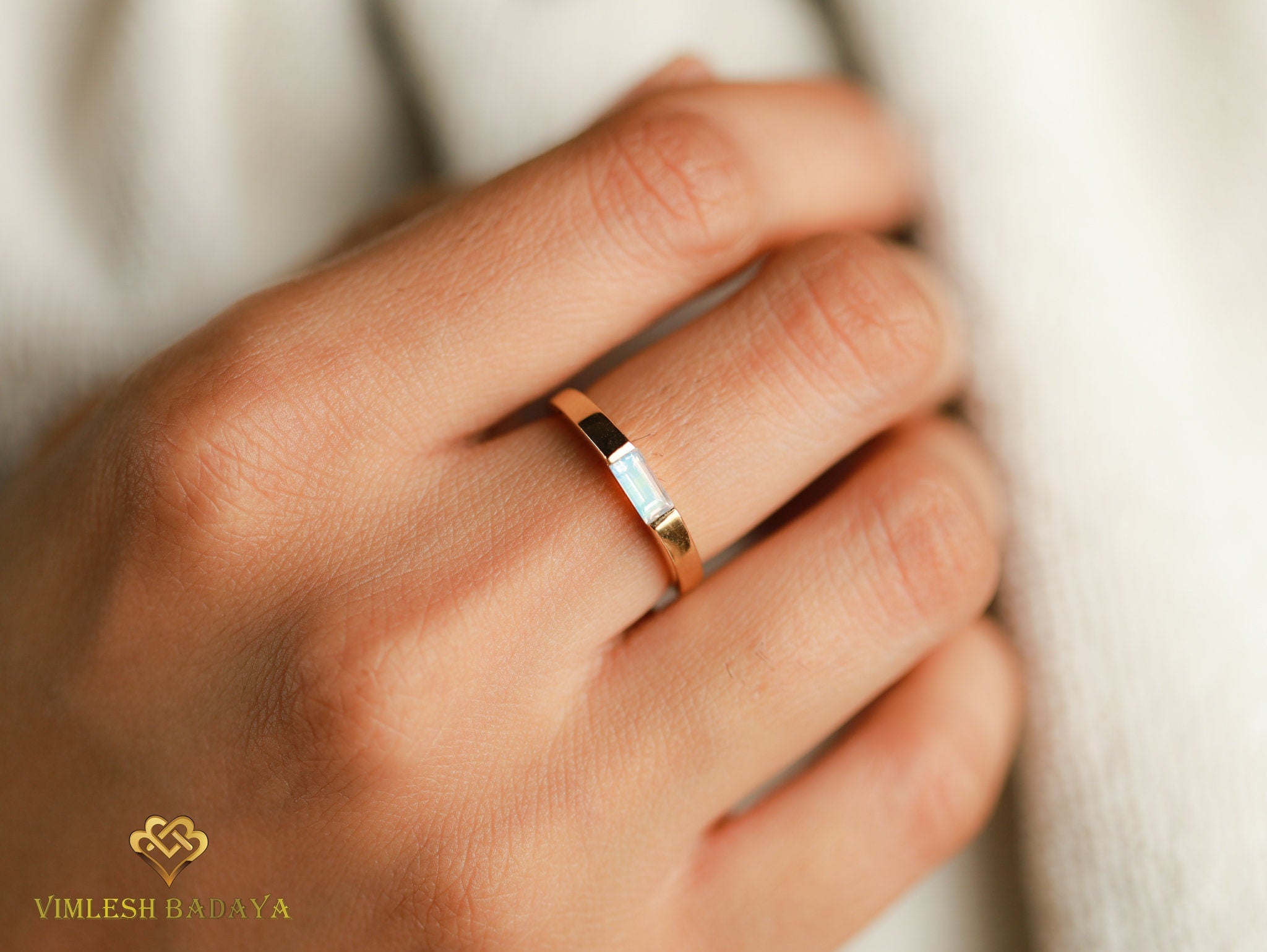 Moonstone Baguette Signet Ring | Solid Gold Moonstone Ring | Anniversary Gift Ring -