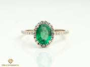 Vintage Green Emerald Engagement Ring | Oval Emerald Halo Ring -