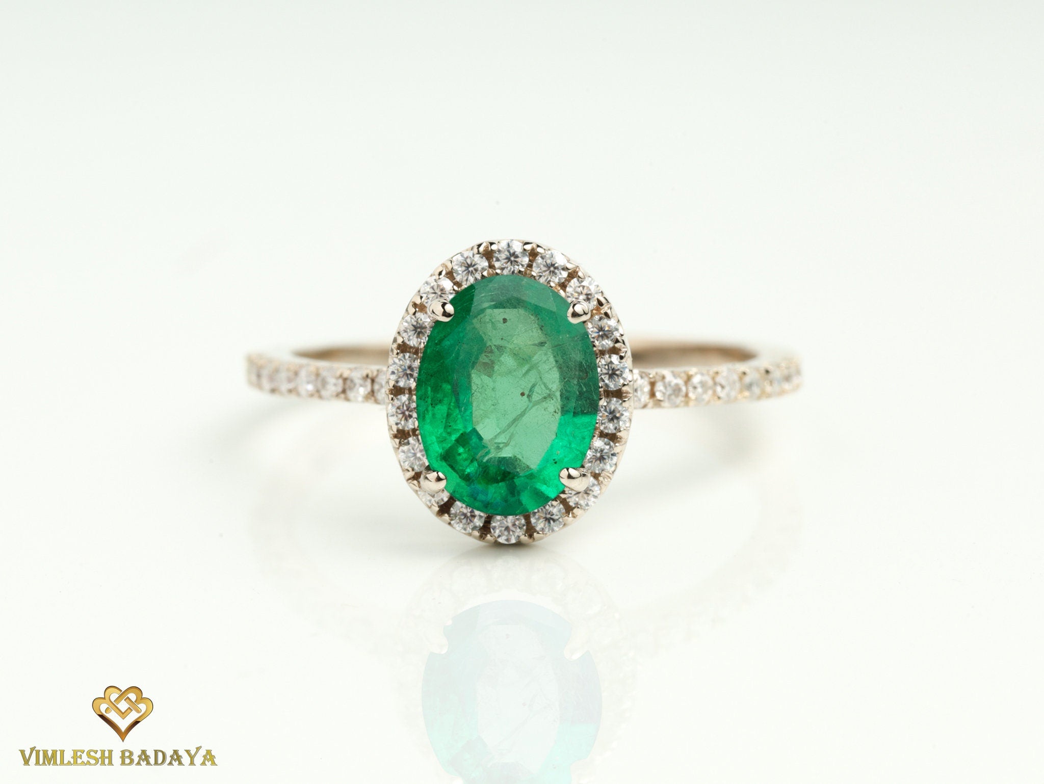 Vintage Green Emerald Engagement Ring | Oval Emerald Halo Ring -