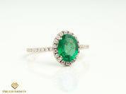 Vintage Green Emerald Engagement Ring | Oval Emerald Halo Ring -