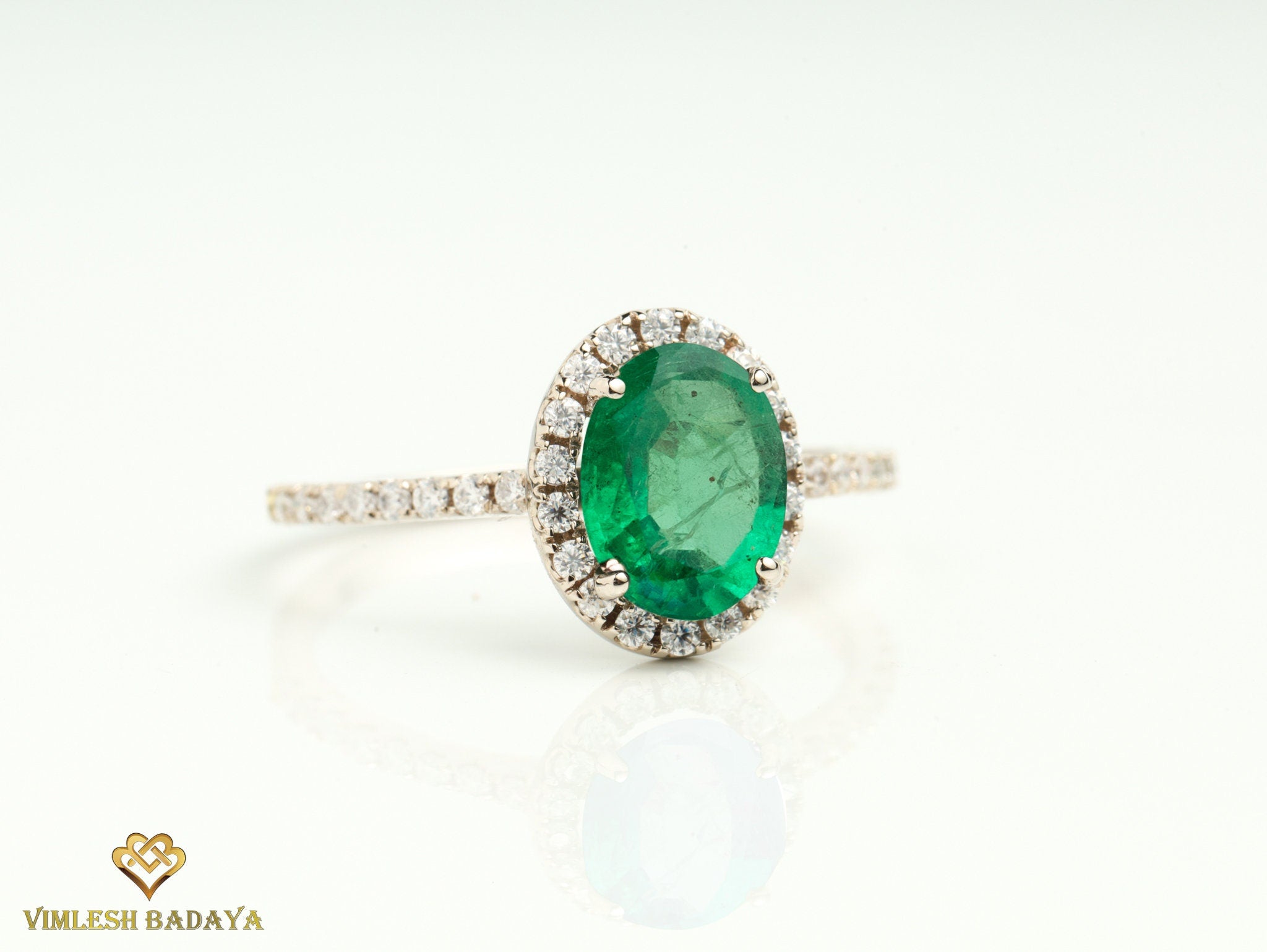 Vintage Green Emerald Engagement Ring | Oval Emerald Halo Ring -