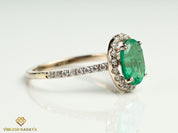 Vintage Green Emerald Engagement Ring | Oval Emerald Halo Ring -