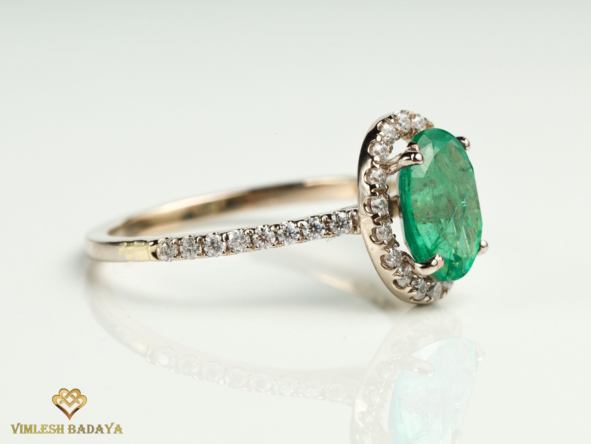 Vintage Green Emerald Engagement Ring | Oval Emerald Halo Ring -