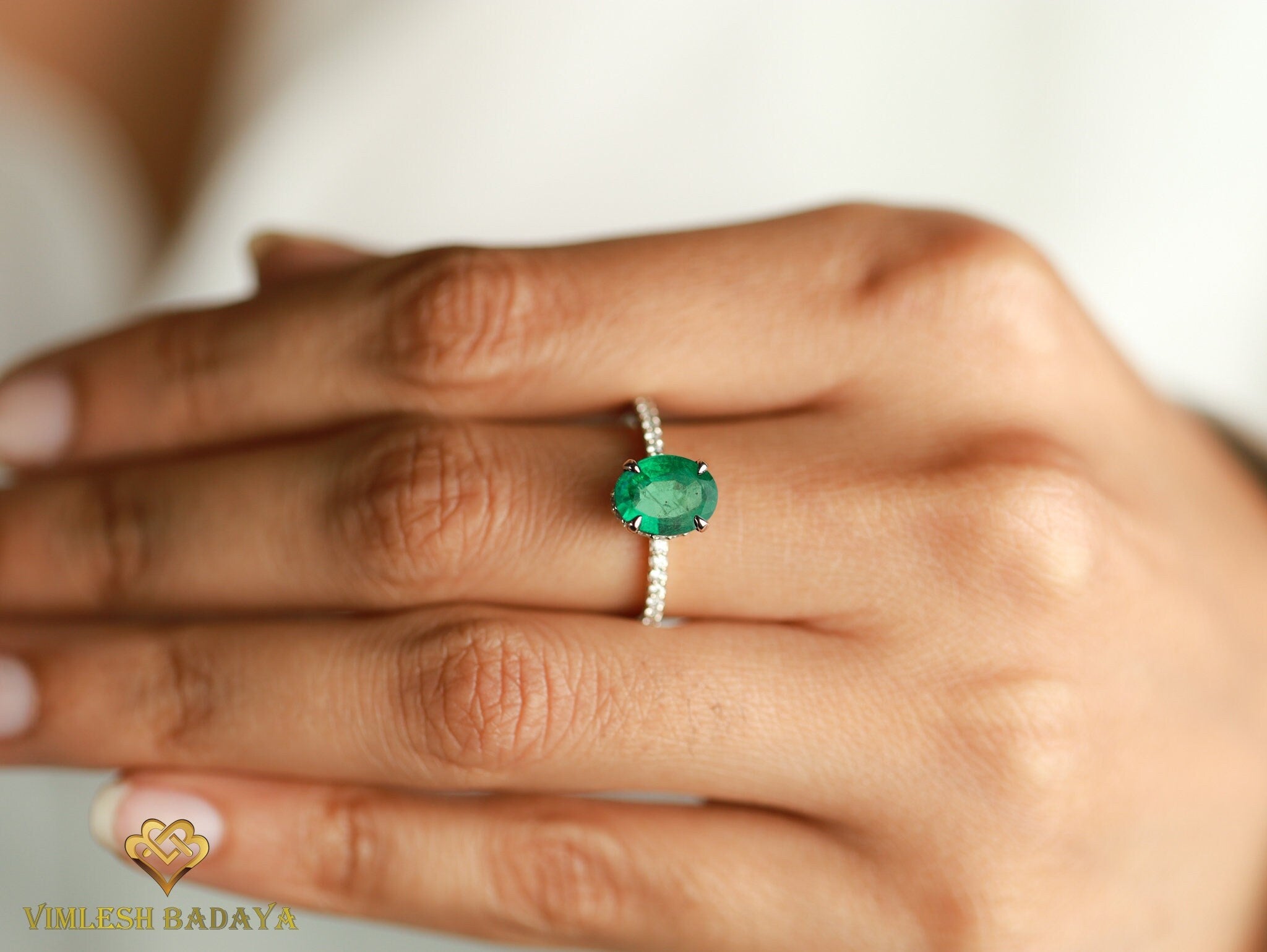Natural Green Emerald Engagement Ring | 2 Carat Oval Emerald, Vintage Hidden Halo Style -