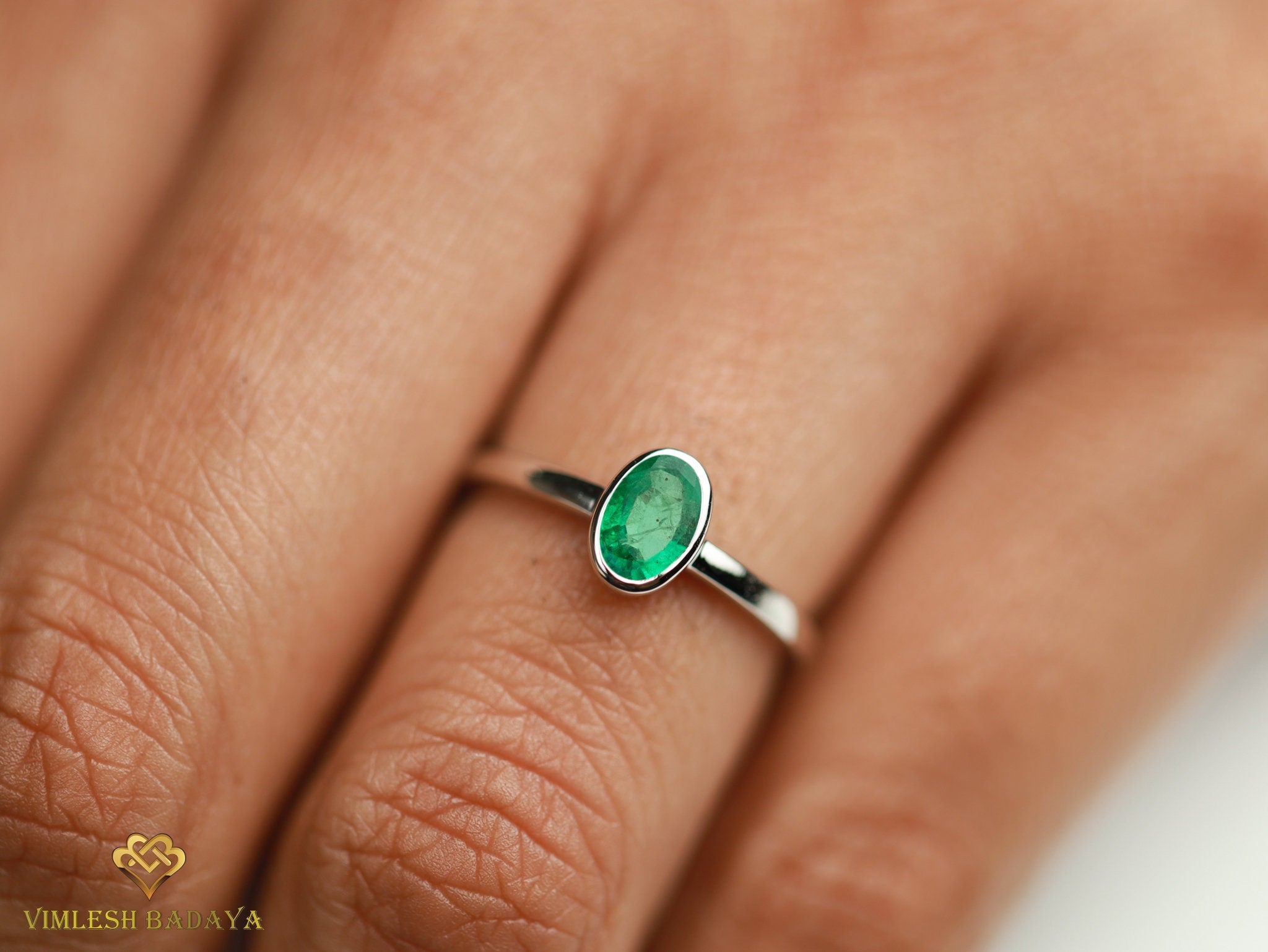 Natural Emerald Gold Stacking Ring | Everyday Dainty Ring | Emerald May Birthstone Ring -