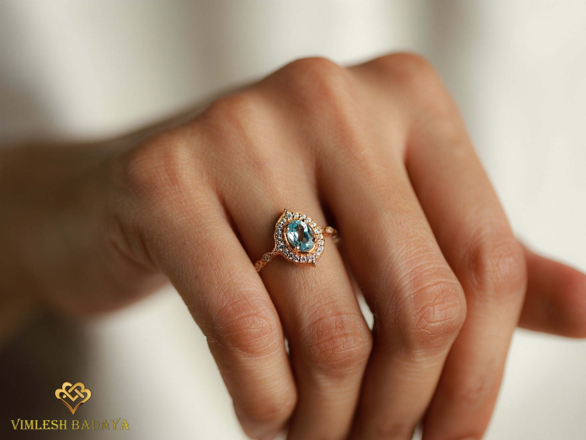 Aquamarine Diamond Halo Engagement Ring | Oval Aquamarine Ring | March Birthstone -