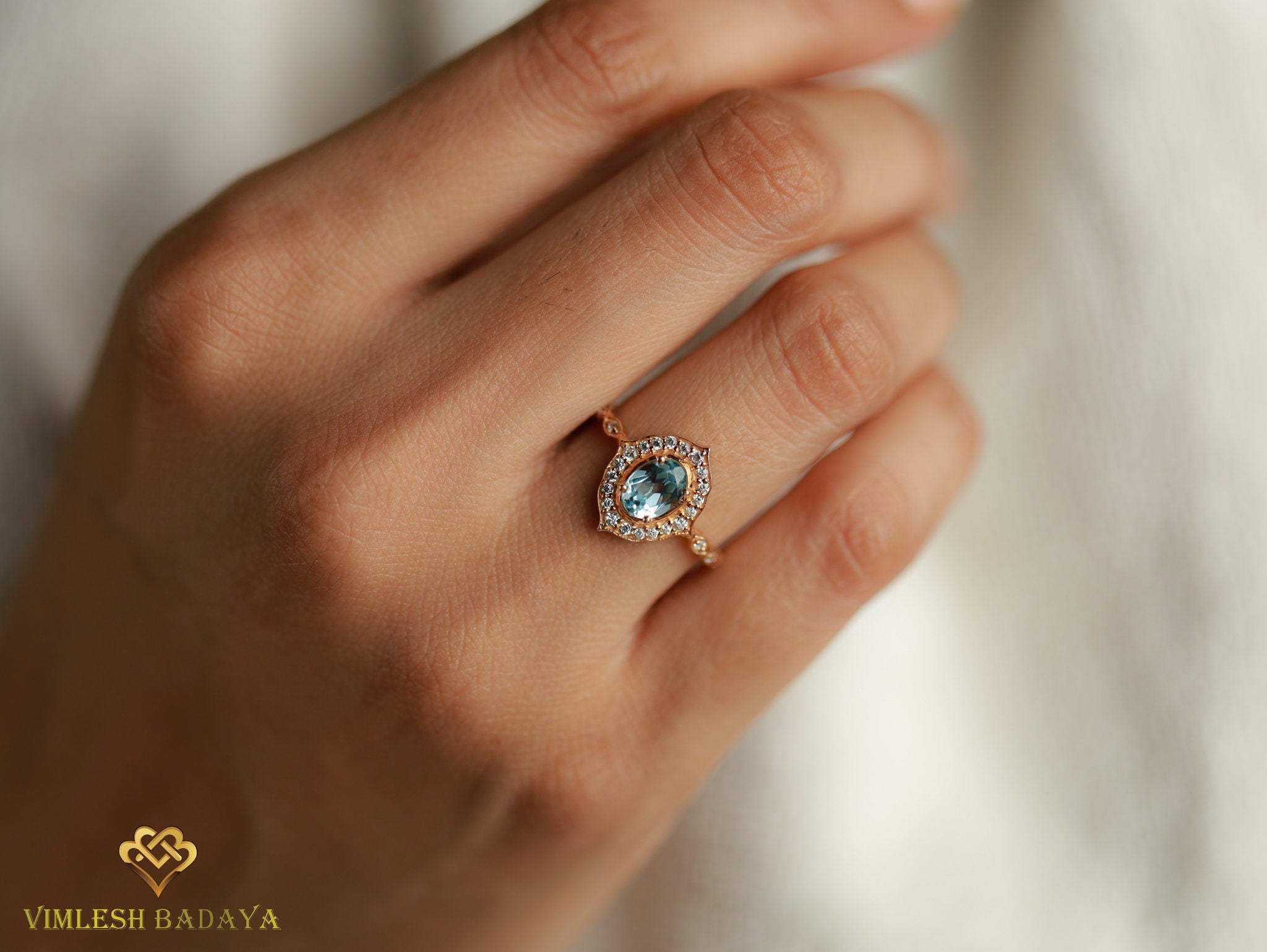 Aquamarine Diamond Halo Engagement Ring | Oval Aquamarine Ring | March Birthstone -