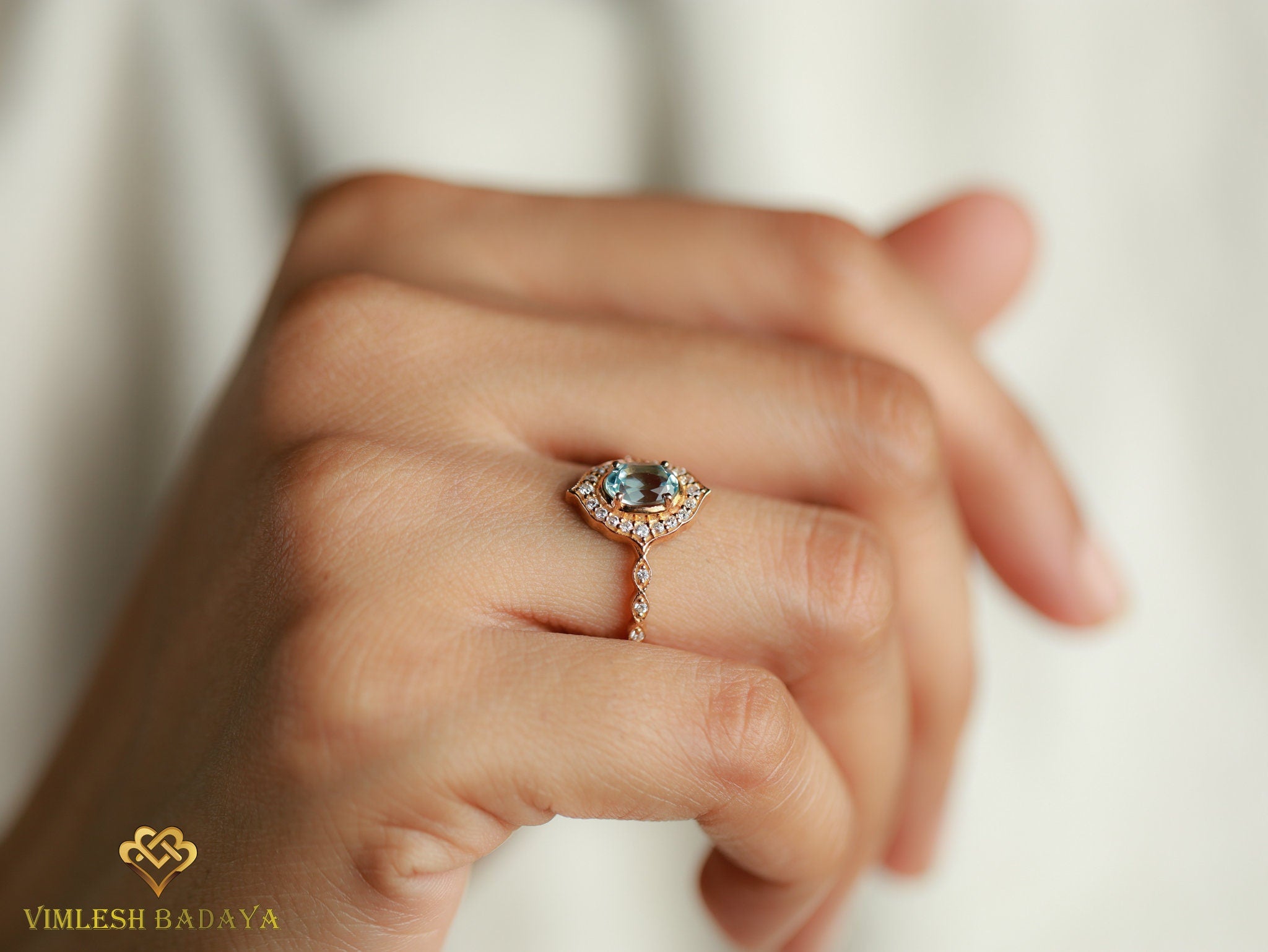 Aquamarine Diamond Halo Engagement Ring | Oval Aquamarine Ring | March Birthstone -