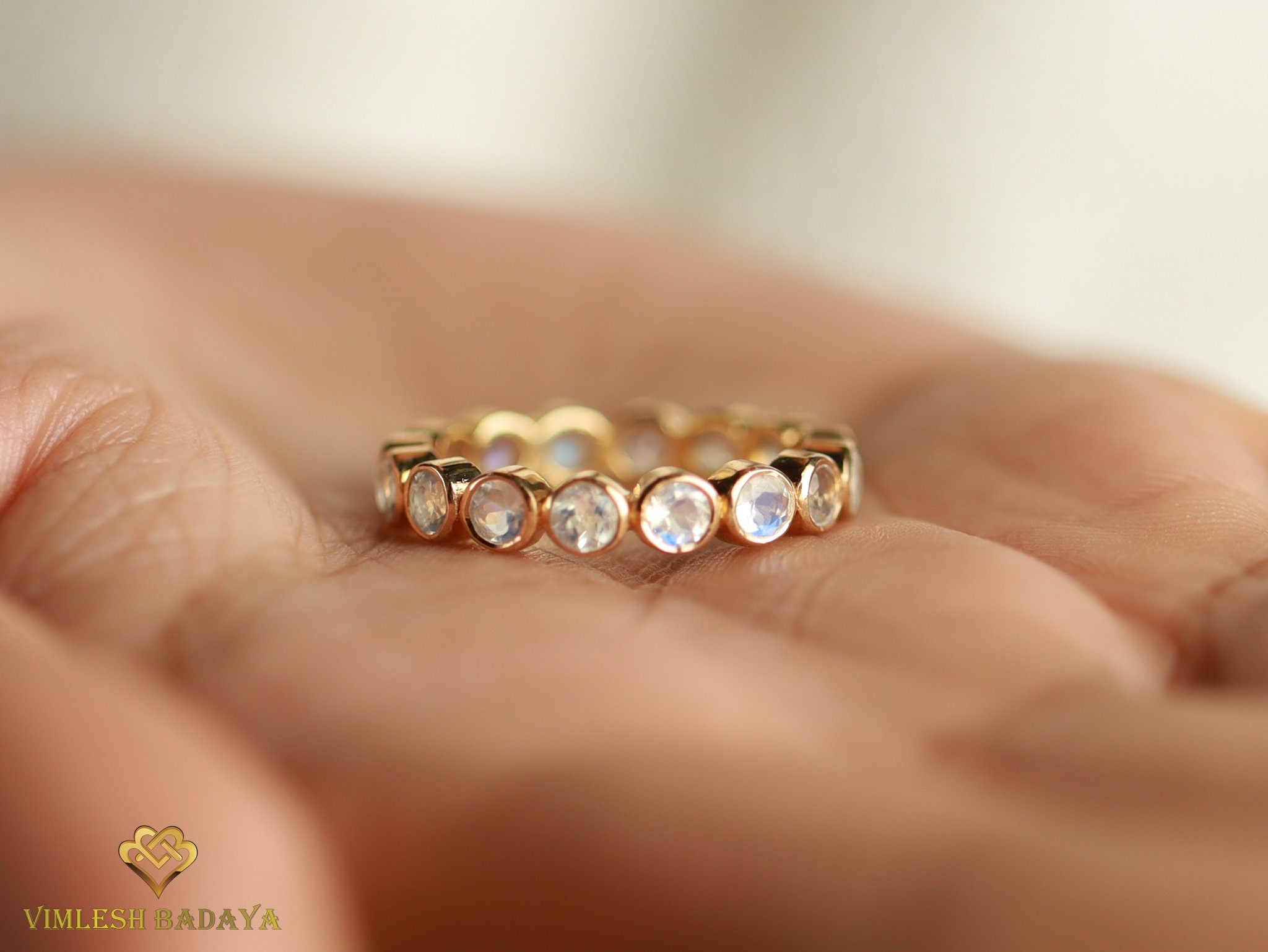 Moonstone Wedding Band | Rainbow Moonstone Stacking Ring | Full Eternity June Birthstone Ring -