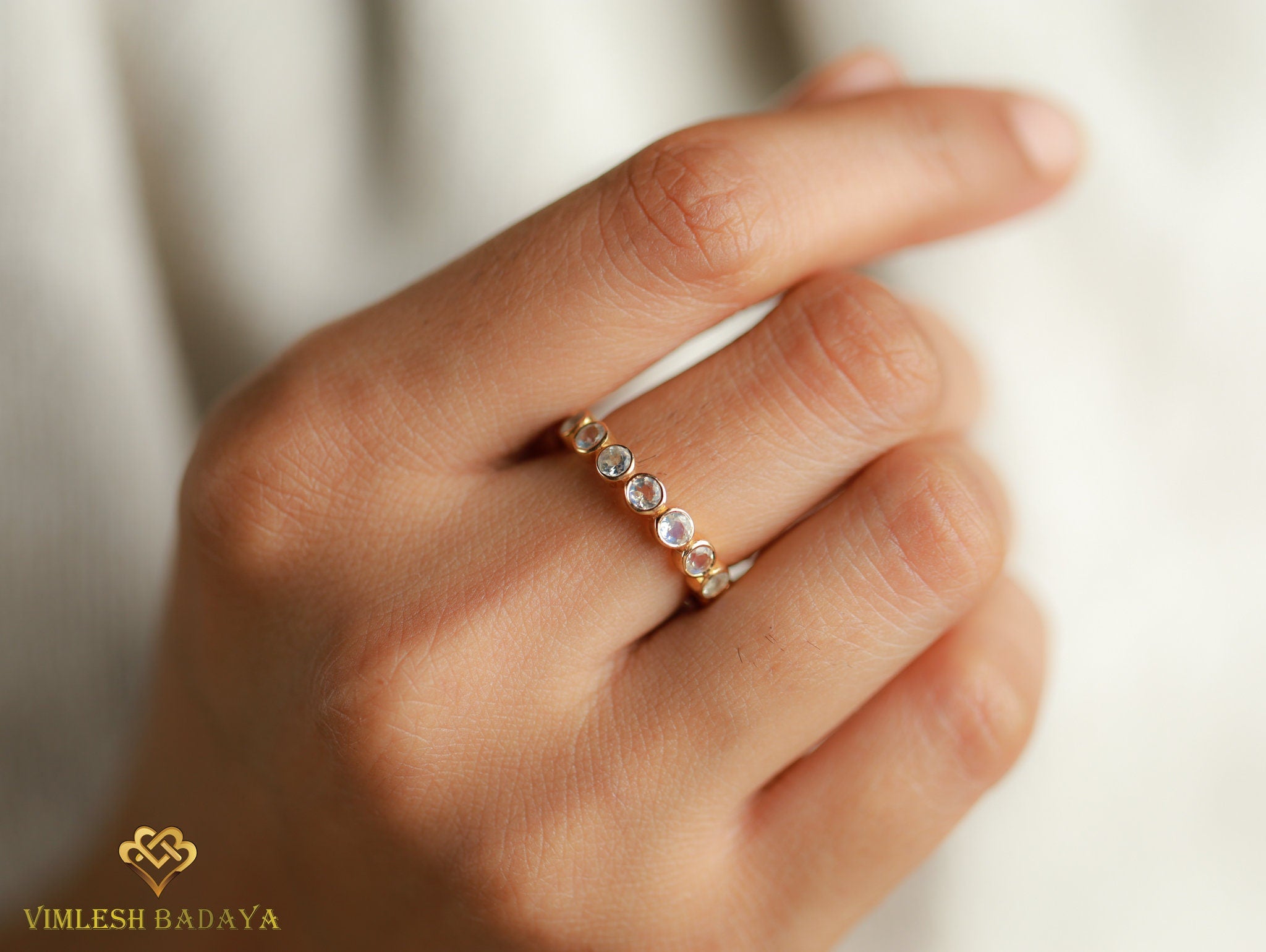 Moonstone Wedding Band | Rainbow Moonstone Stacking Ring | Full Eternity June Birthstone Ring -