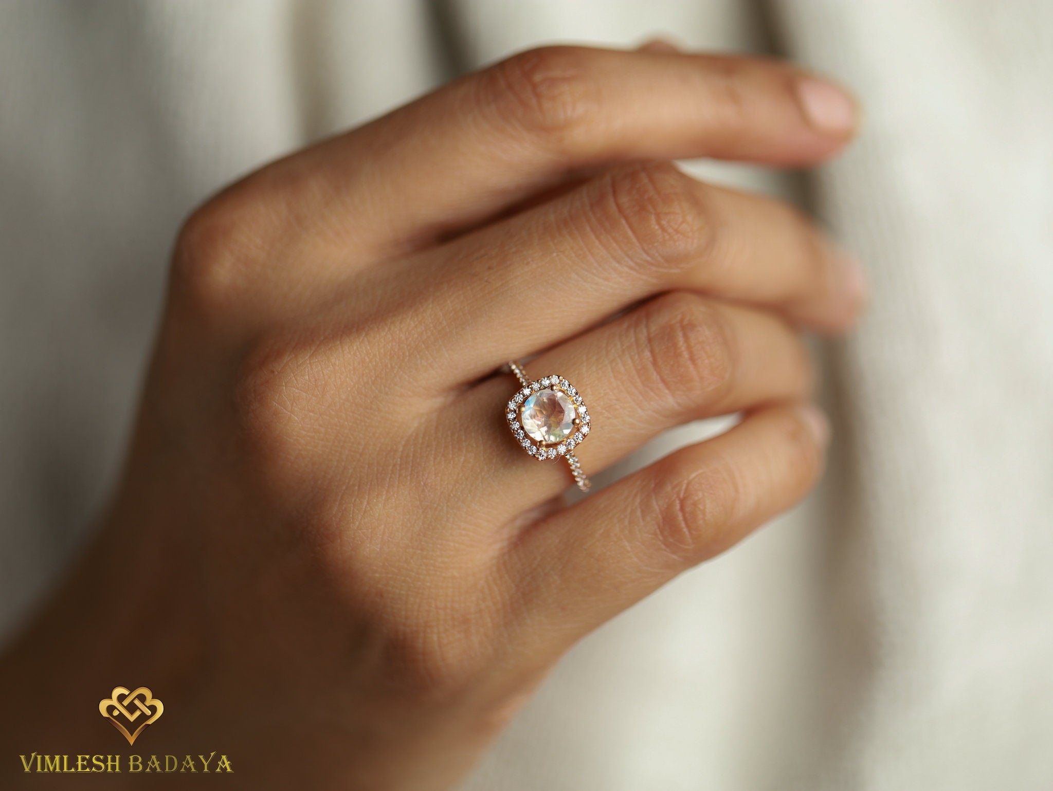 Moonstone Halo Engagement Ring | Rainbow Moonstone & Diamond Ring | Anniversary Gift -