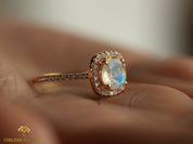 Moonstone Halo Engagement Ring | Rainbow Moonstone & Diamond Ring | Anniversary Gift -