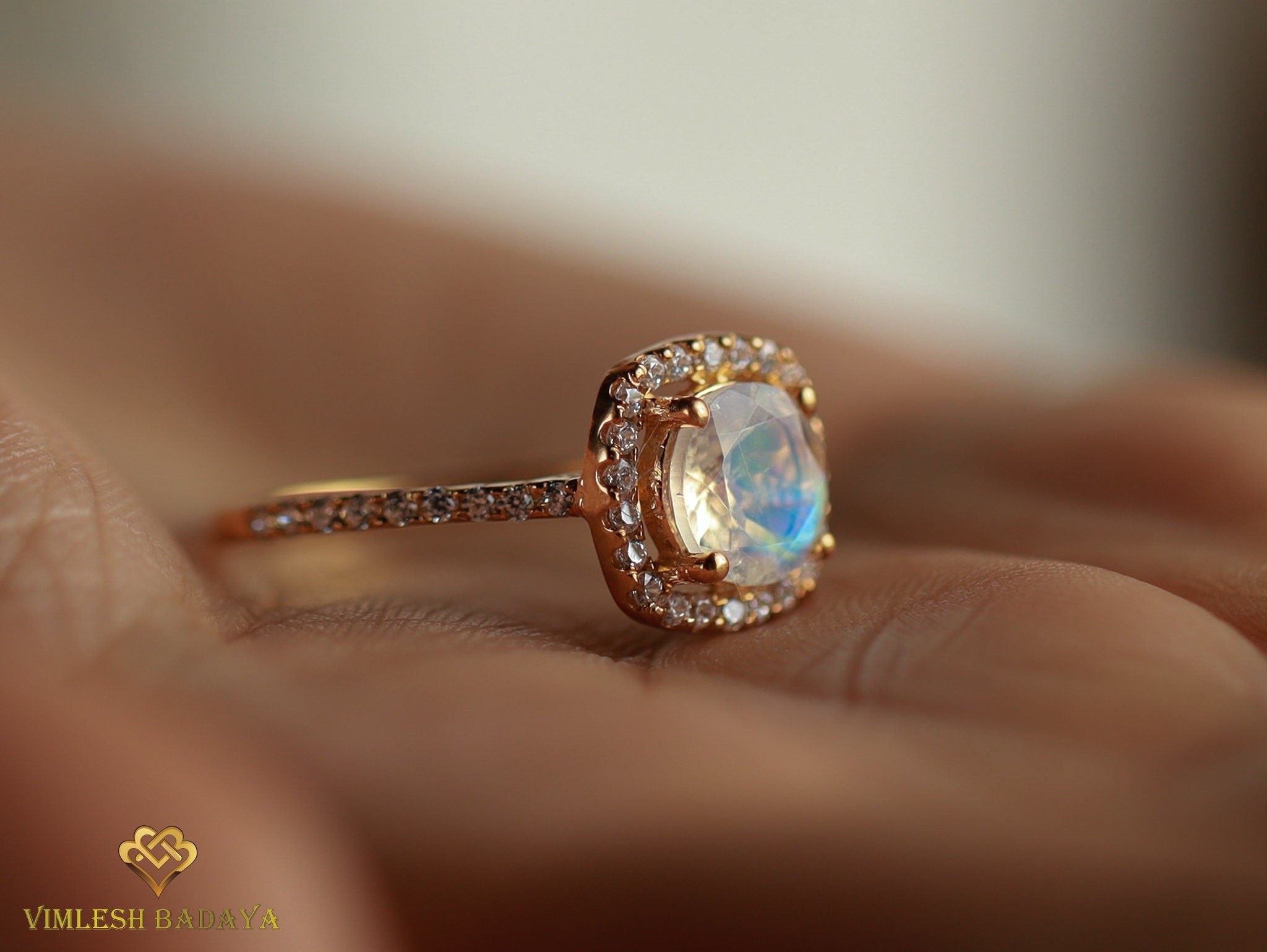 Moonstone Halo Engagement Ring | Rainbow Moonstone & Diamond Ring | Anniversary Gift -