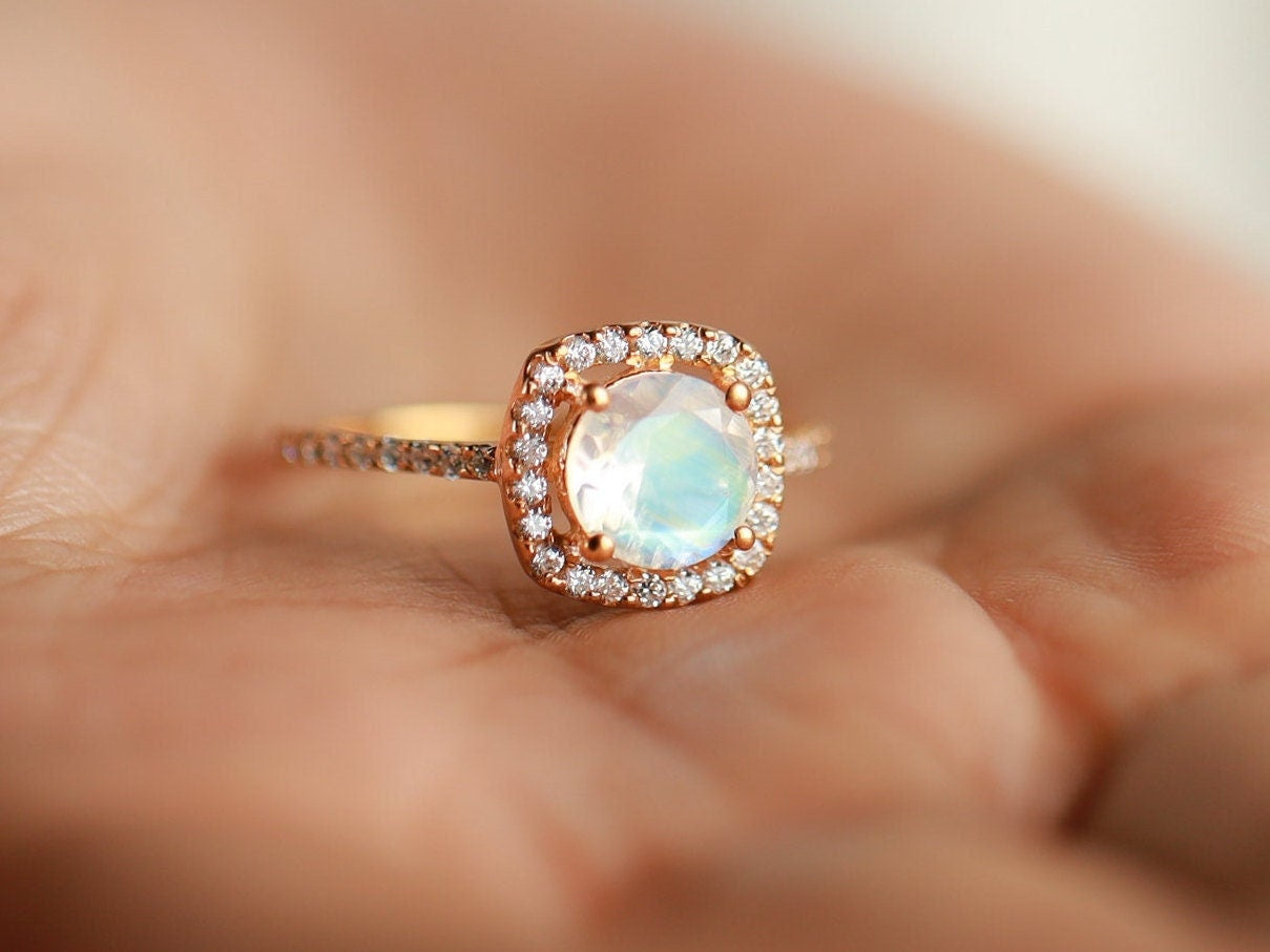 Moonstone Halo Engagement Ring | Rainbow Moonstone & Diamond Ring | Anniversary Gift -