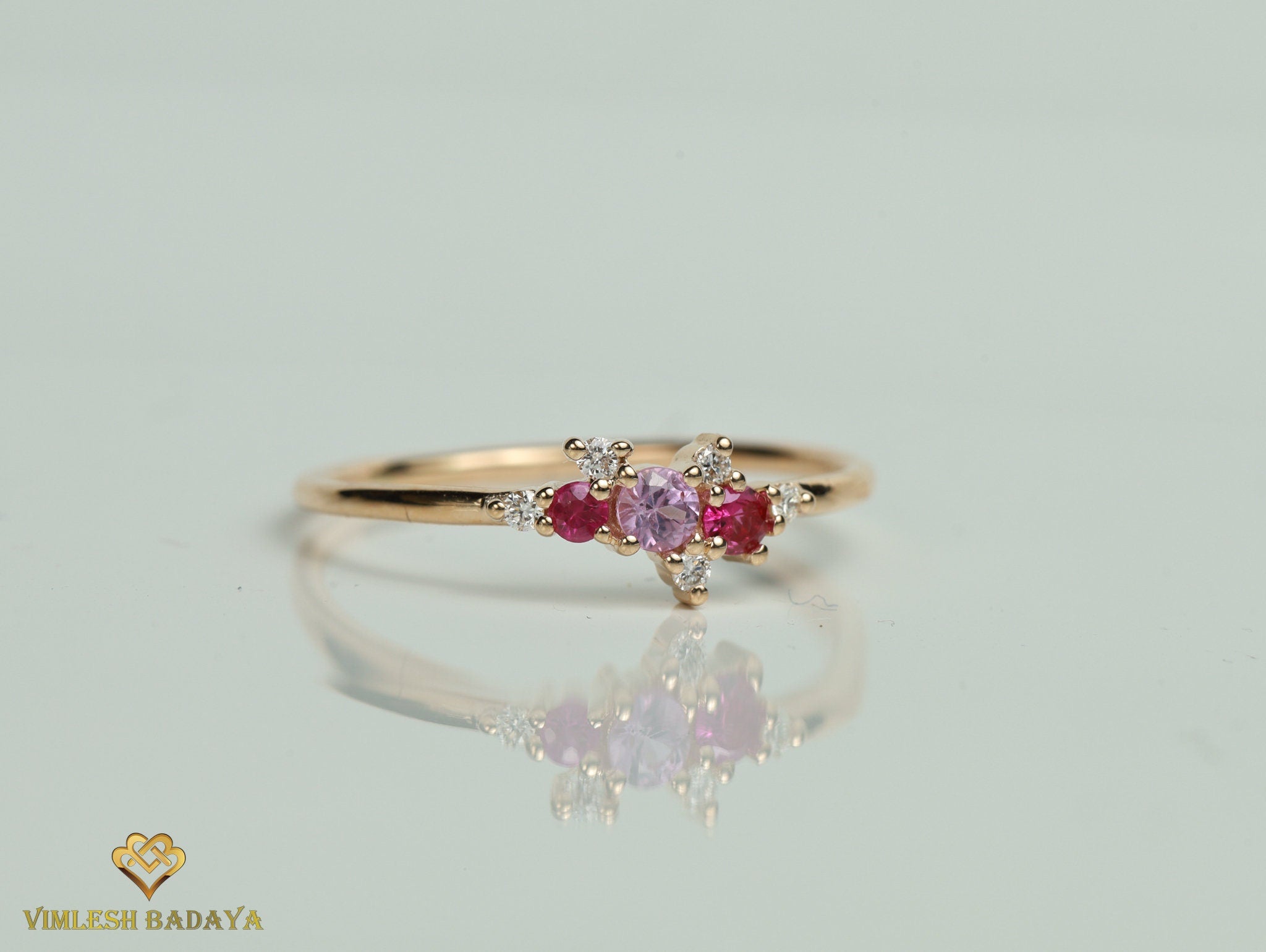 Pink Sapphire Ruby Engagement Ring | Sapphire & Diamond Cluster Ring | Birthstone Ring -