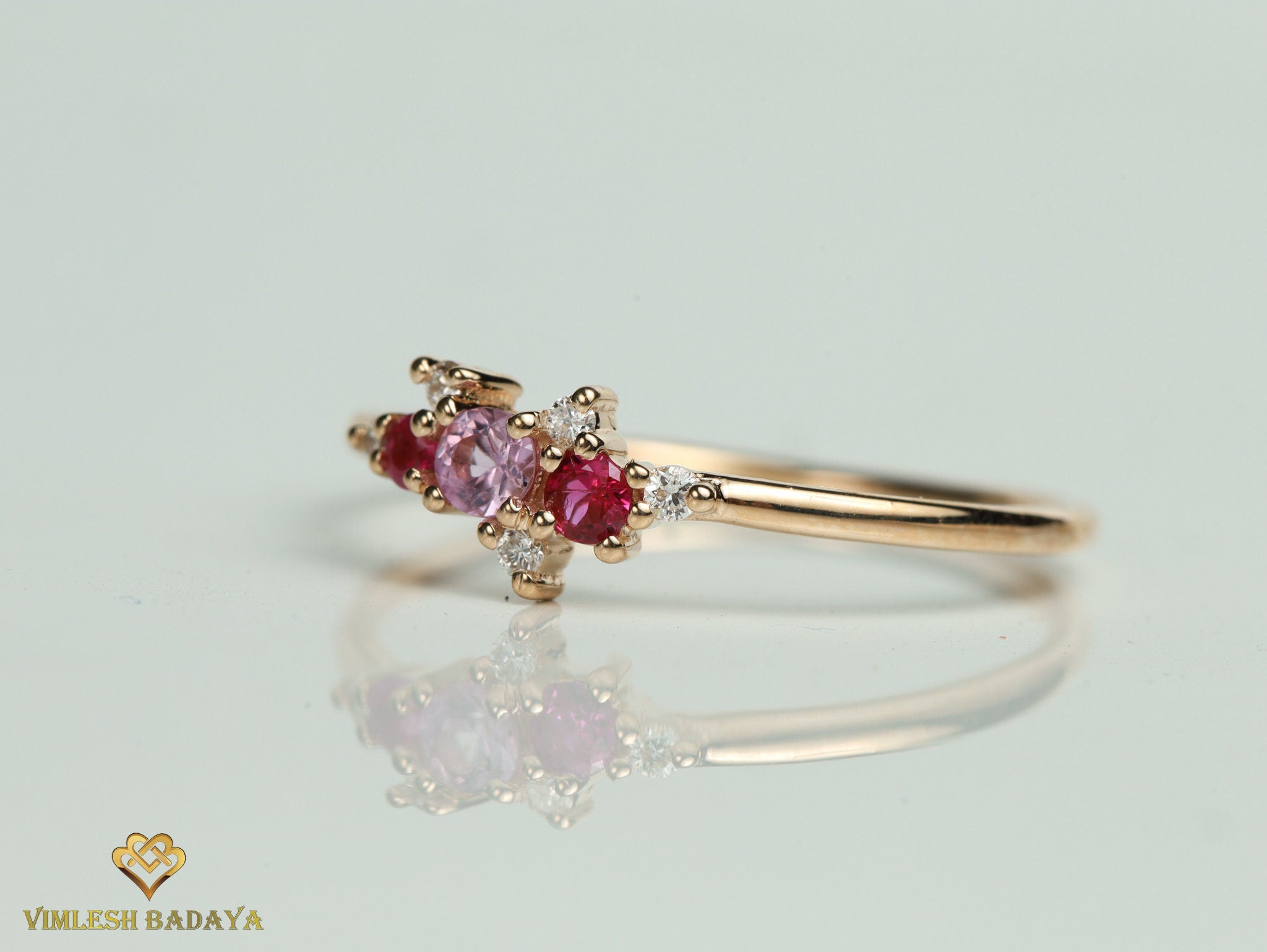 Pink Sapphire Ruby Engagement Ring | Sapphire & Diamond Cluster Ring | Birthstone Ring -