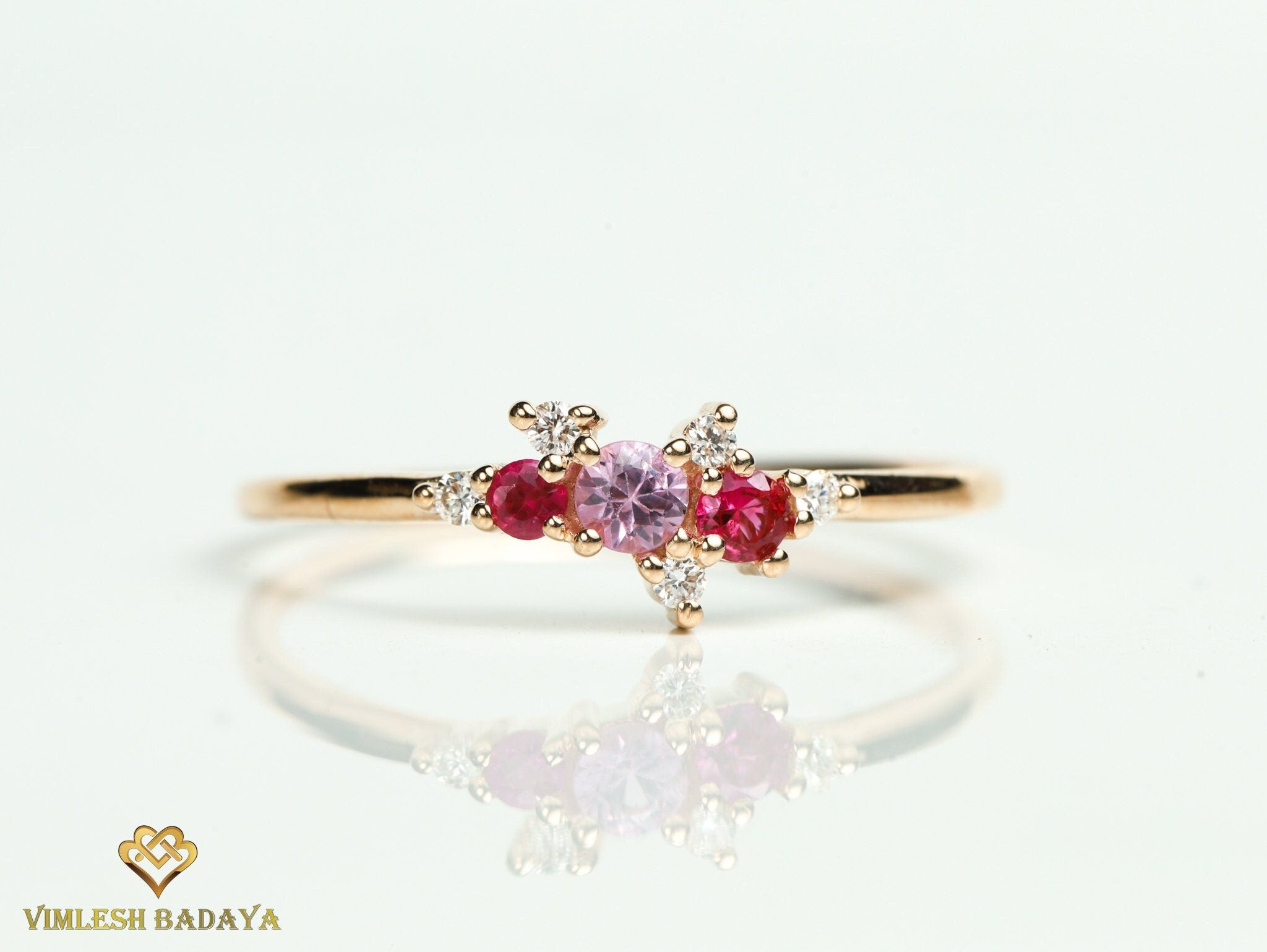 Pink Sapphire Ruby Engagement Ring | Sapphire & Diamond Cluster Ring | Birthstone Ring -