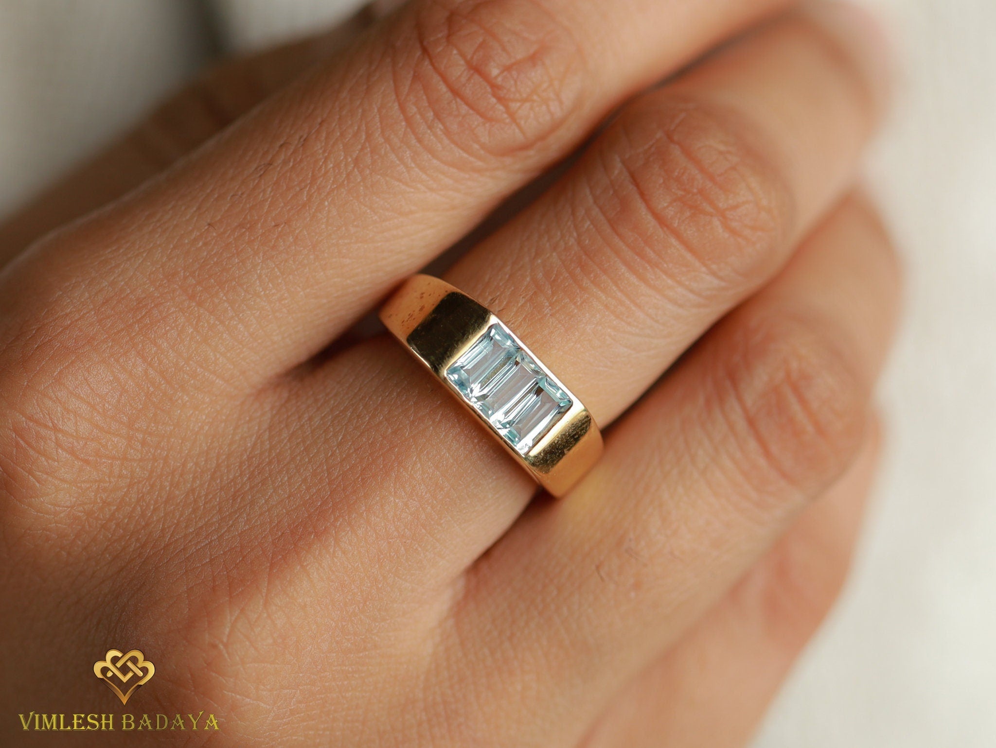 Aquamarine Baguette Signet Ring | March Birthstone | Unique Gold Aquamarine Ring -