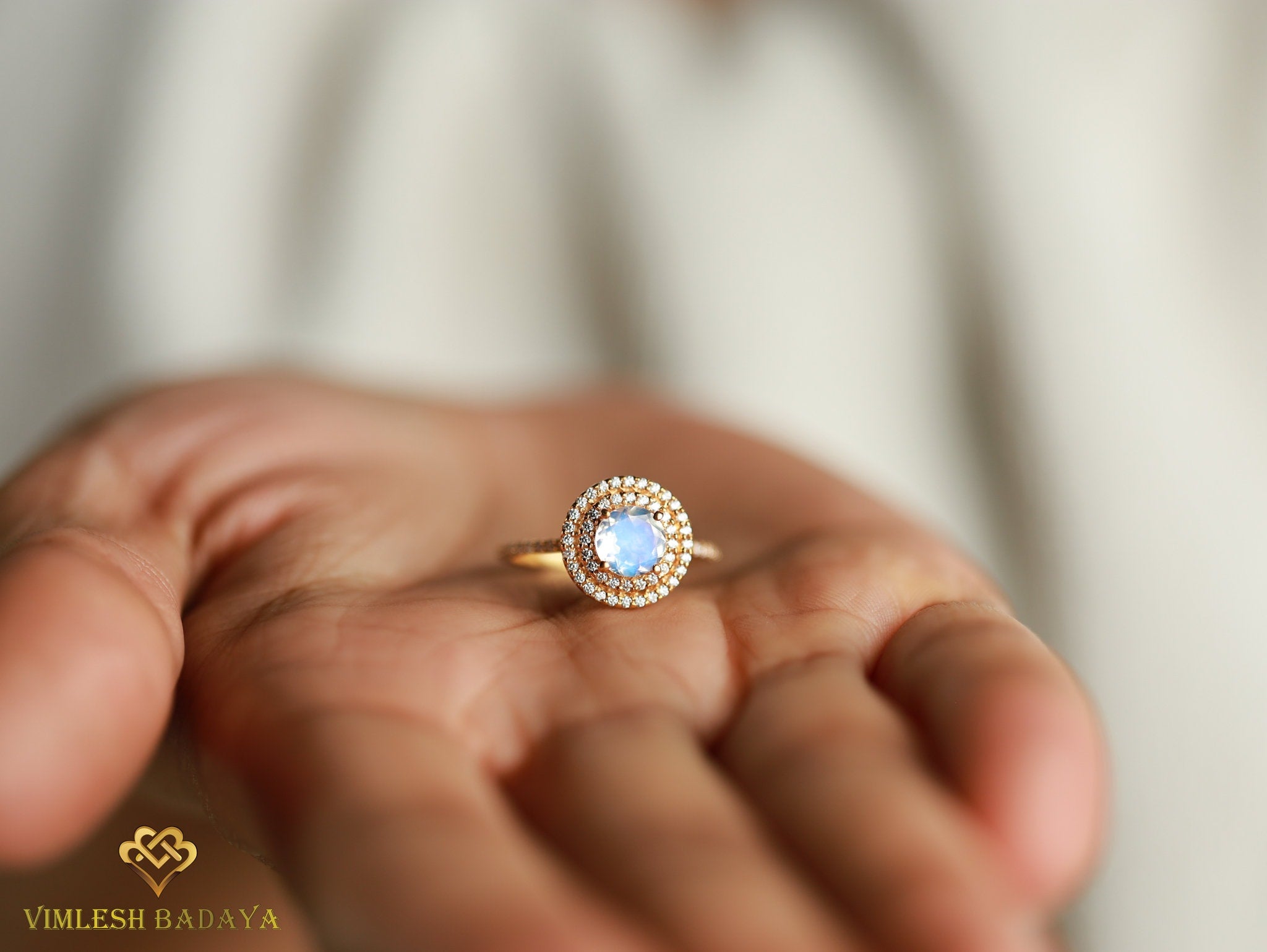 Moonstone Engagement Ring | Round Cut Moonstone | Diamond Halo | Anniversary Gift -