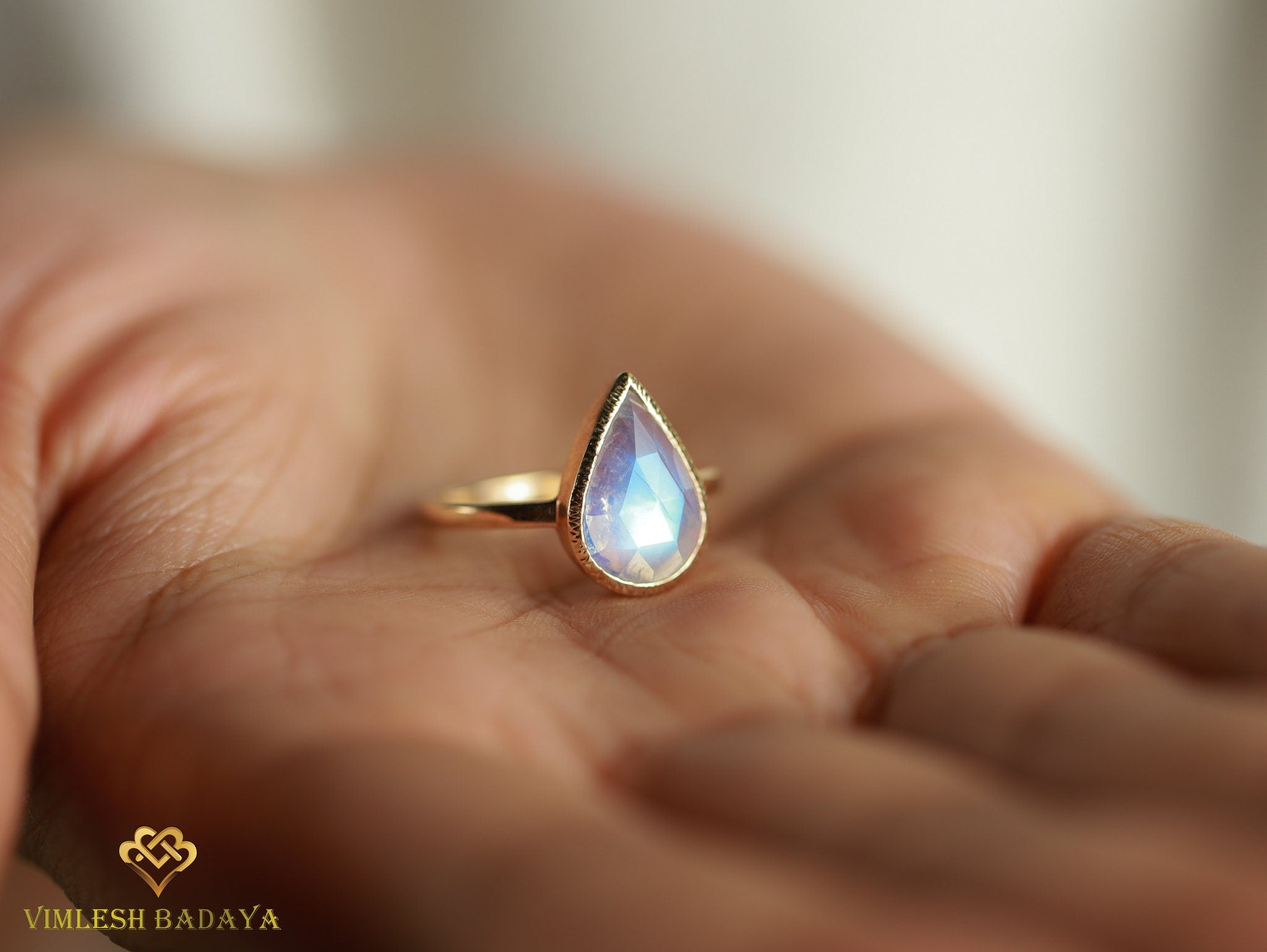 Rainbow Moonstone Ring | Pear Cut Engagement Ring | June Birthstone -