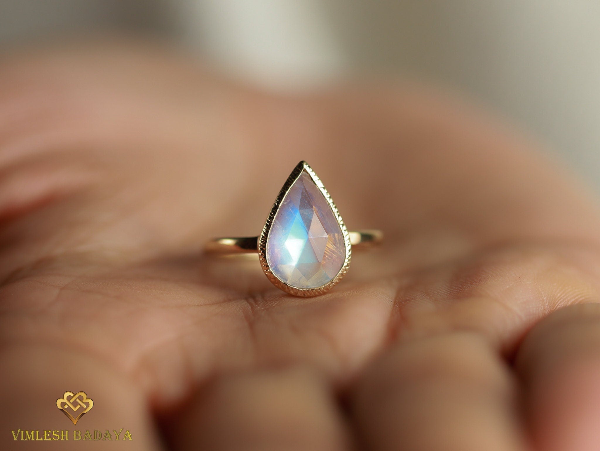 Rainbow Moonstone Ring | Pear Cut Engagement Ring | June Birthstone -