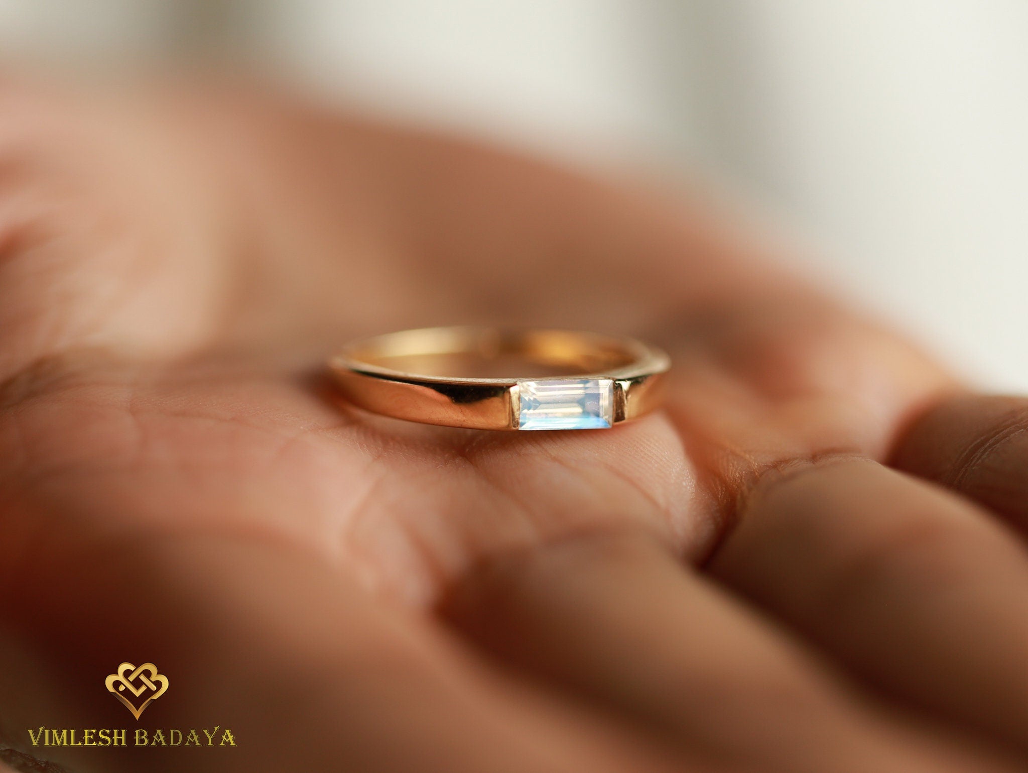Moonstone Baguette Signet Ring | Solid Gold Moonstone Ring | Anniversary Gift Ring -