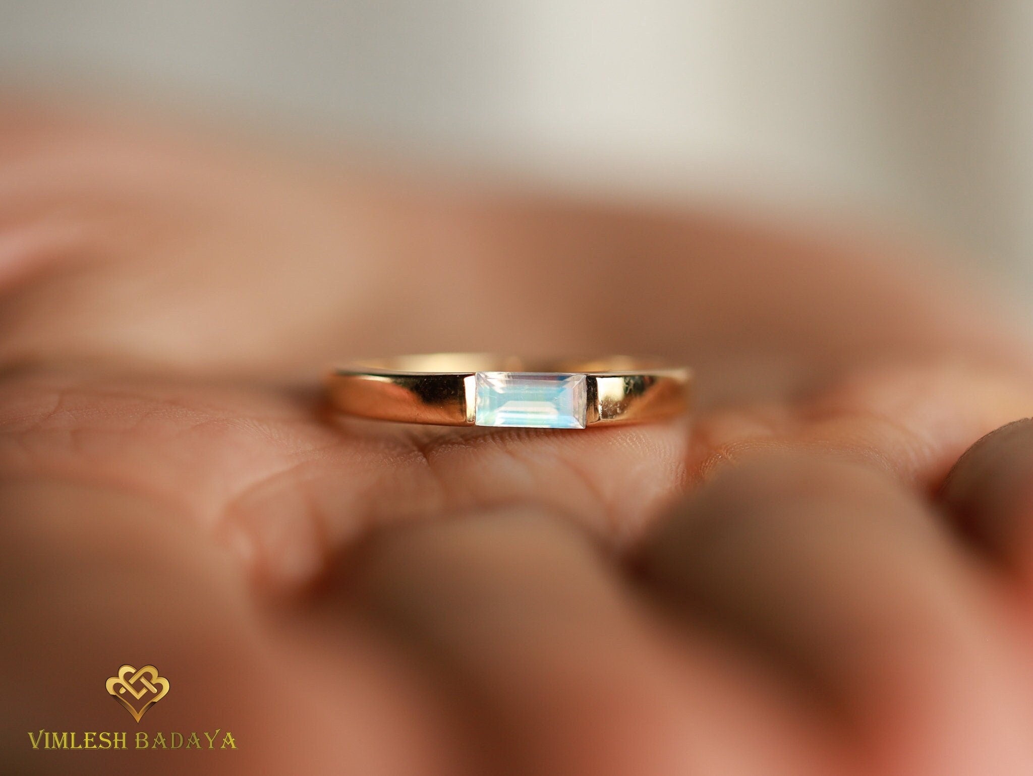 Moonstone Baguette Signet Ring | Solid Gold Moonstone Ring | Anniversary Gift Ring -