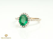 Vintage Green Emerald Engagement Ring | Oval Emerald Halo Ring -