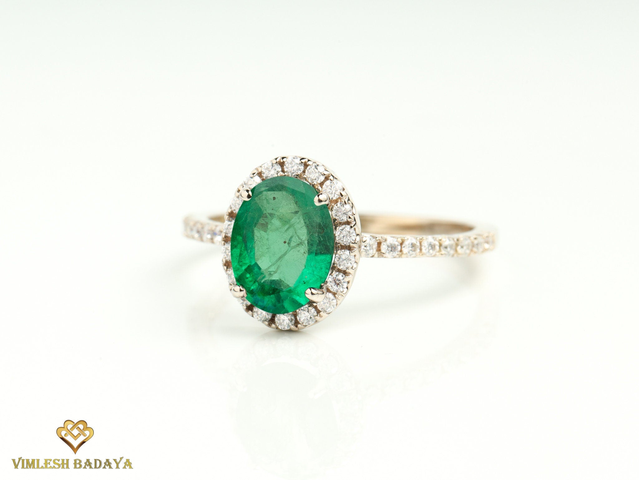 Vintage Green Emerald Engagement Ring | Oval Emerald Halo Ring -