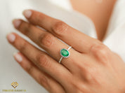 Vintage Green Emerald Engagement Ring | Oval Emerald Halo Ring -
