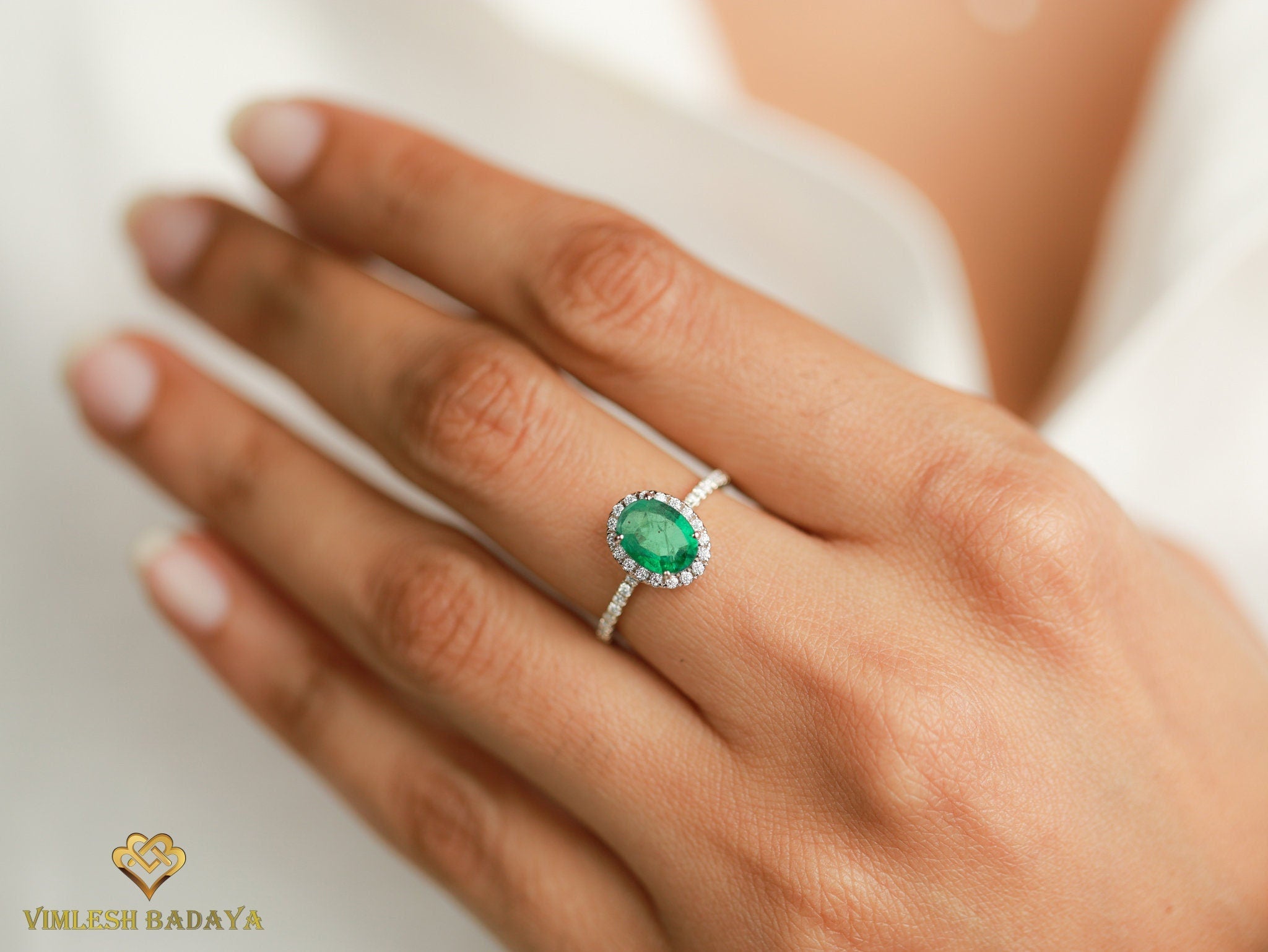 Vintage Green Emerald Engagement Ring | Oval Emerald Halo Ring -