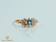 Aquamarine Diamond Cluster Engagement Ring | Square Aquamarine Diamond Ring -