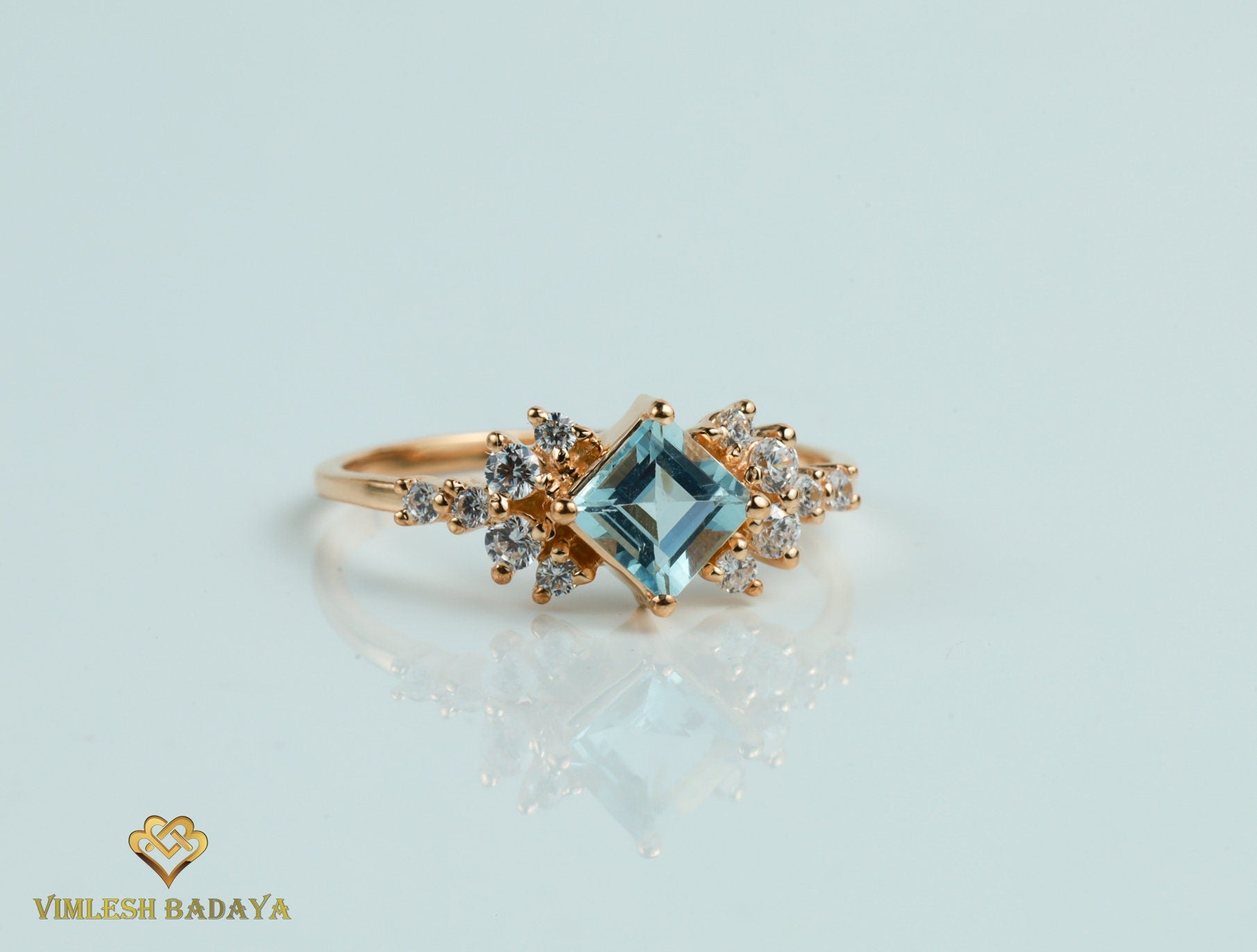 Aquamarine Diamond Cluster Engagement Ring | Square Aquamarine Diamond Ring -