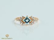 Aquamarine Diamond Cluster Engagement Ring | Square Aquamarine Diamond Ring -