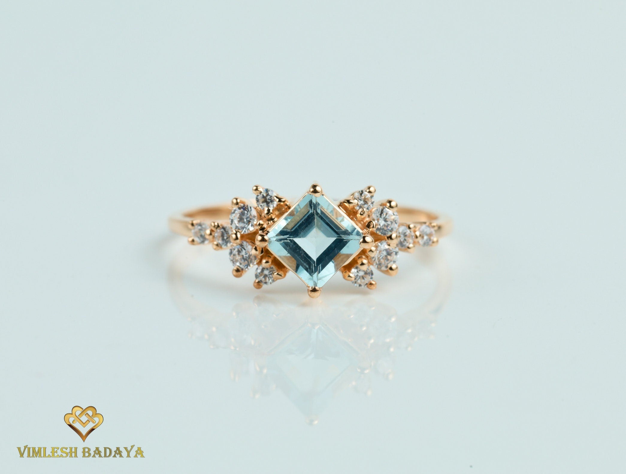Aquamarine Diamond Cluster Engagement Ring | Square Aquamarine Diamond Ring -