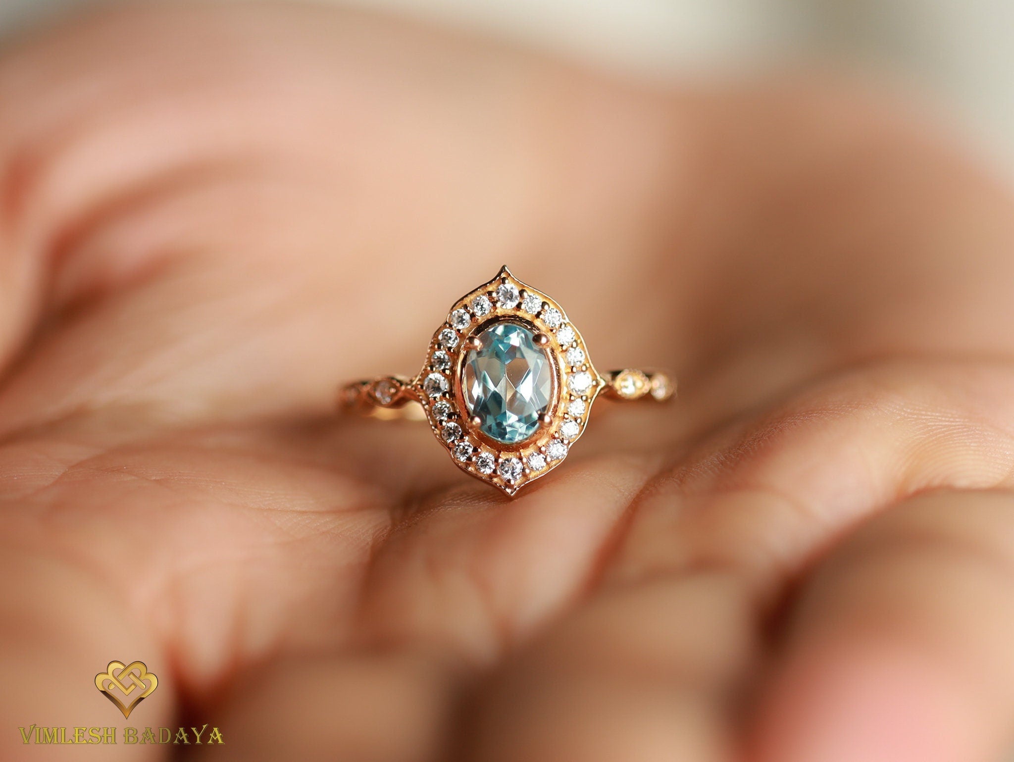 Aquamarine Diamond Halo Engagement Ring | Oval Aquamarine Ring | March Birthstone -