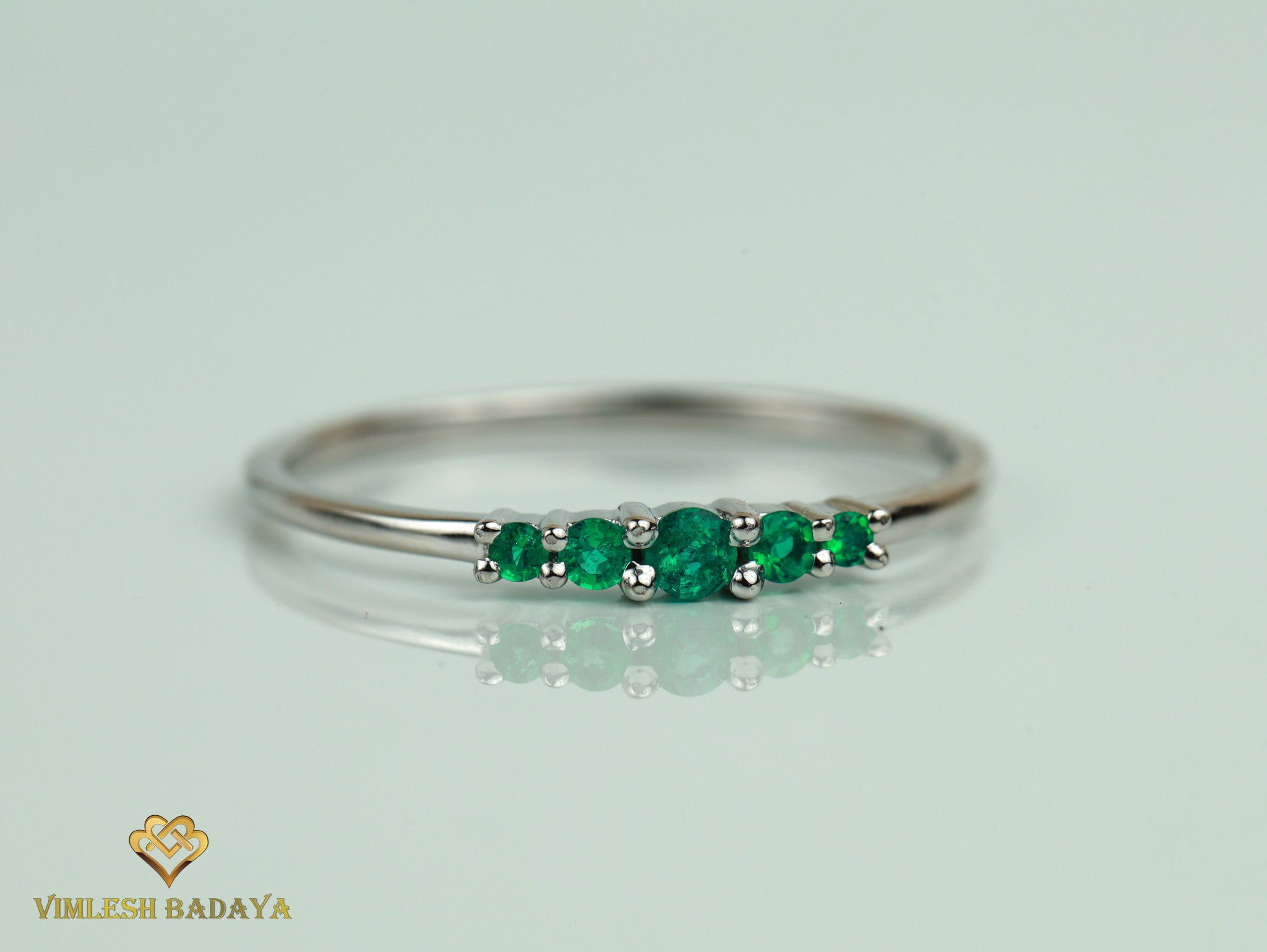 Emerald Stacking Ring | Dainty 5-Stone Emerald Ring | May Birthstone Gold Ring -