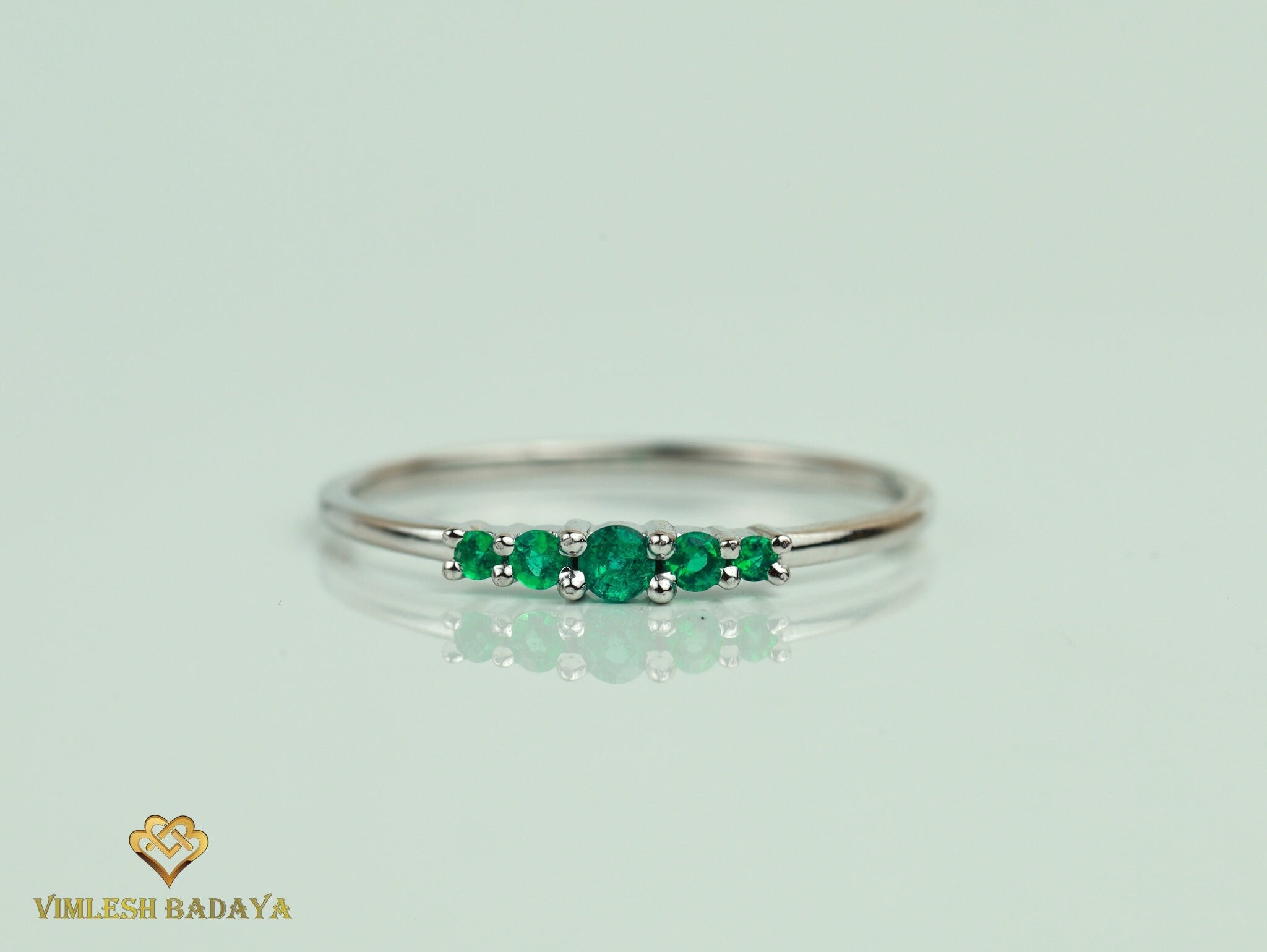 Emerald Stacking Ring | Dainty 5-Stone Emerald Ring | May Birthstone Gold Ring -