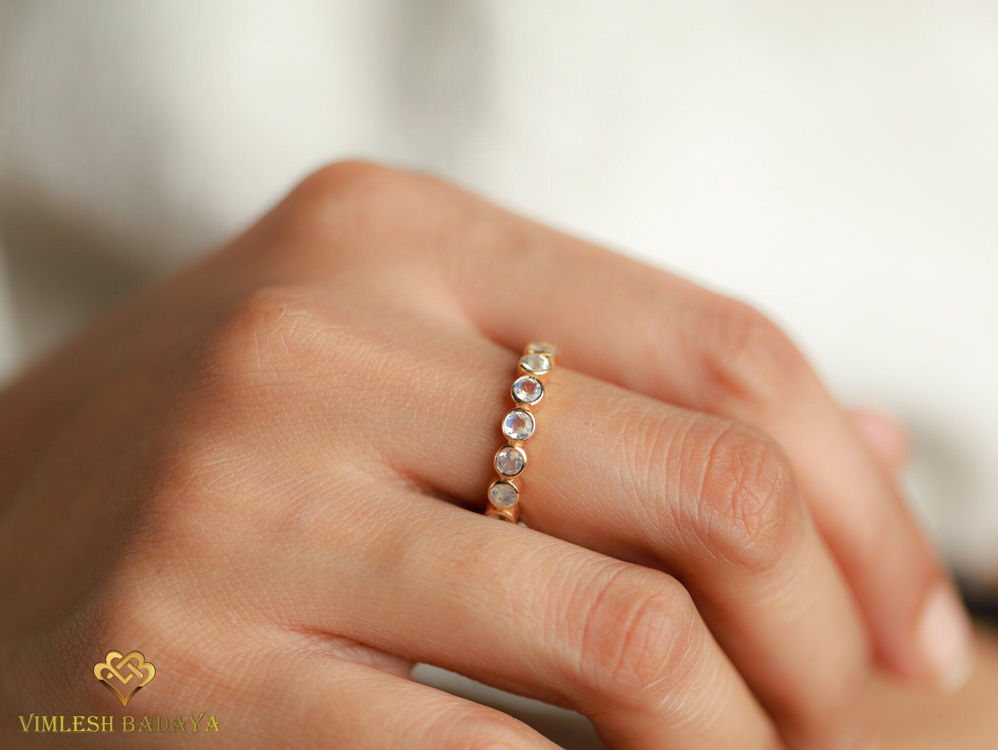 Moonstone Wedding Band | Rainbow Moonstone Stacking Ring | Full Eternity June Birthstone Ring -
