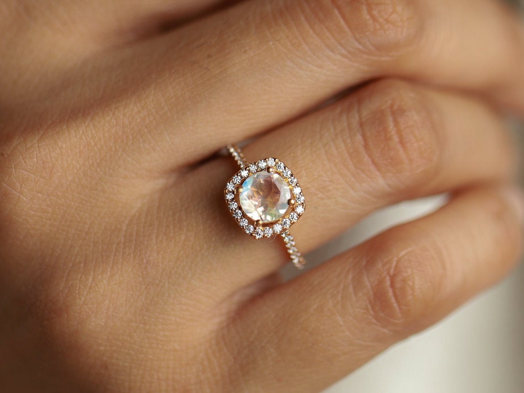 Moonstone Halo Engagement Ring | Rainbow Moonstone & Diamond Ring | Anniversary Gift -