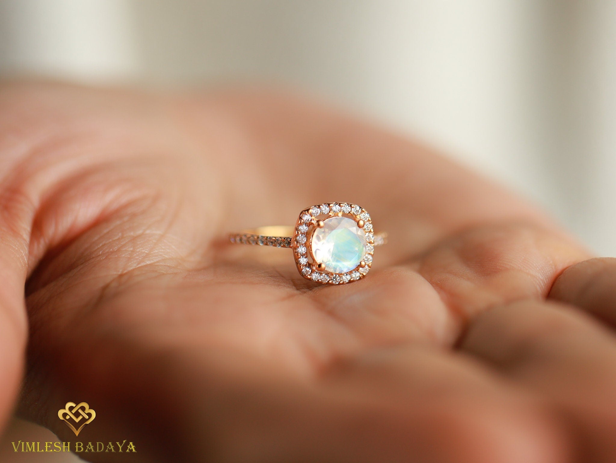 Moonstone Halo Engagement Ring | Rainbow Moonstone & Diamond Ring | Anniversary Gift -