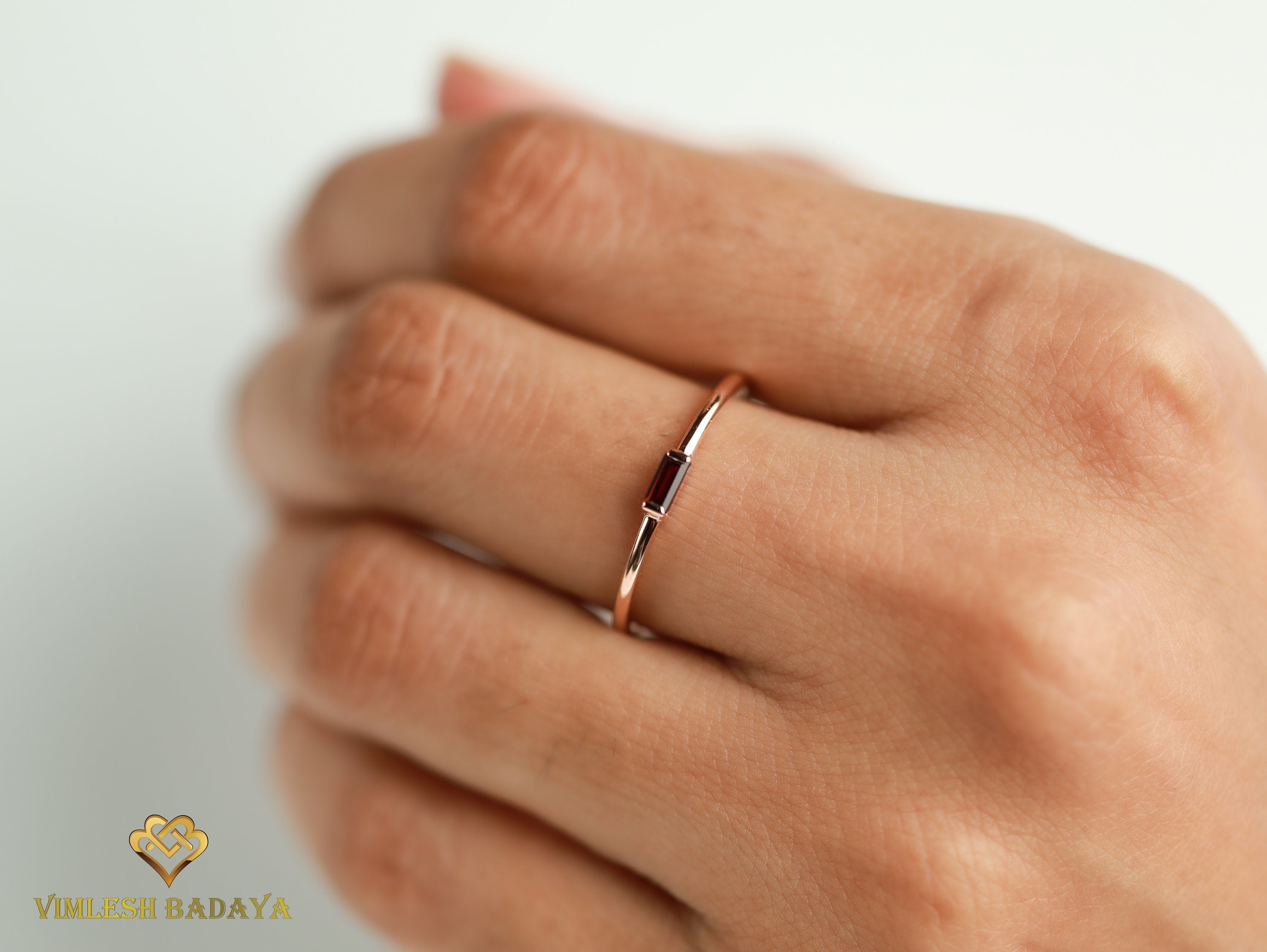 Red Garnet Baguette Ring | Garnet Stacking Ring | January Birthstone Dainty Garnet Ring -
