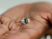 London Blue Topaz Diamond Moonstone Ring | Cluster Engagement Ring | Emerald Cut Blue Topaz Ring -
