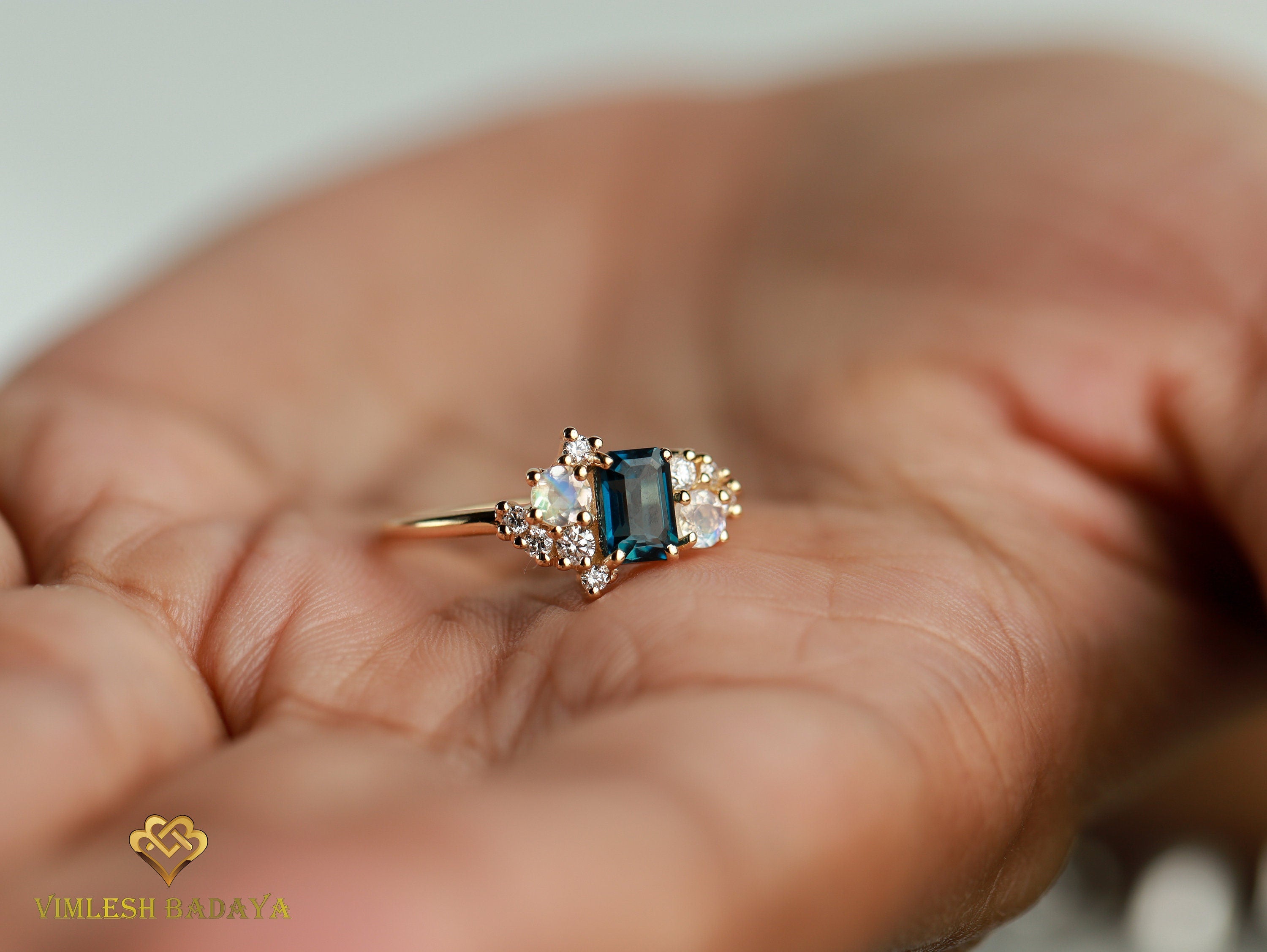 London Blue Topaz Diamond Moonstone Ring | Cluster Engagement Ring | Emerald Cut Blue Topaz Ring -