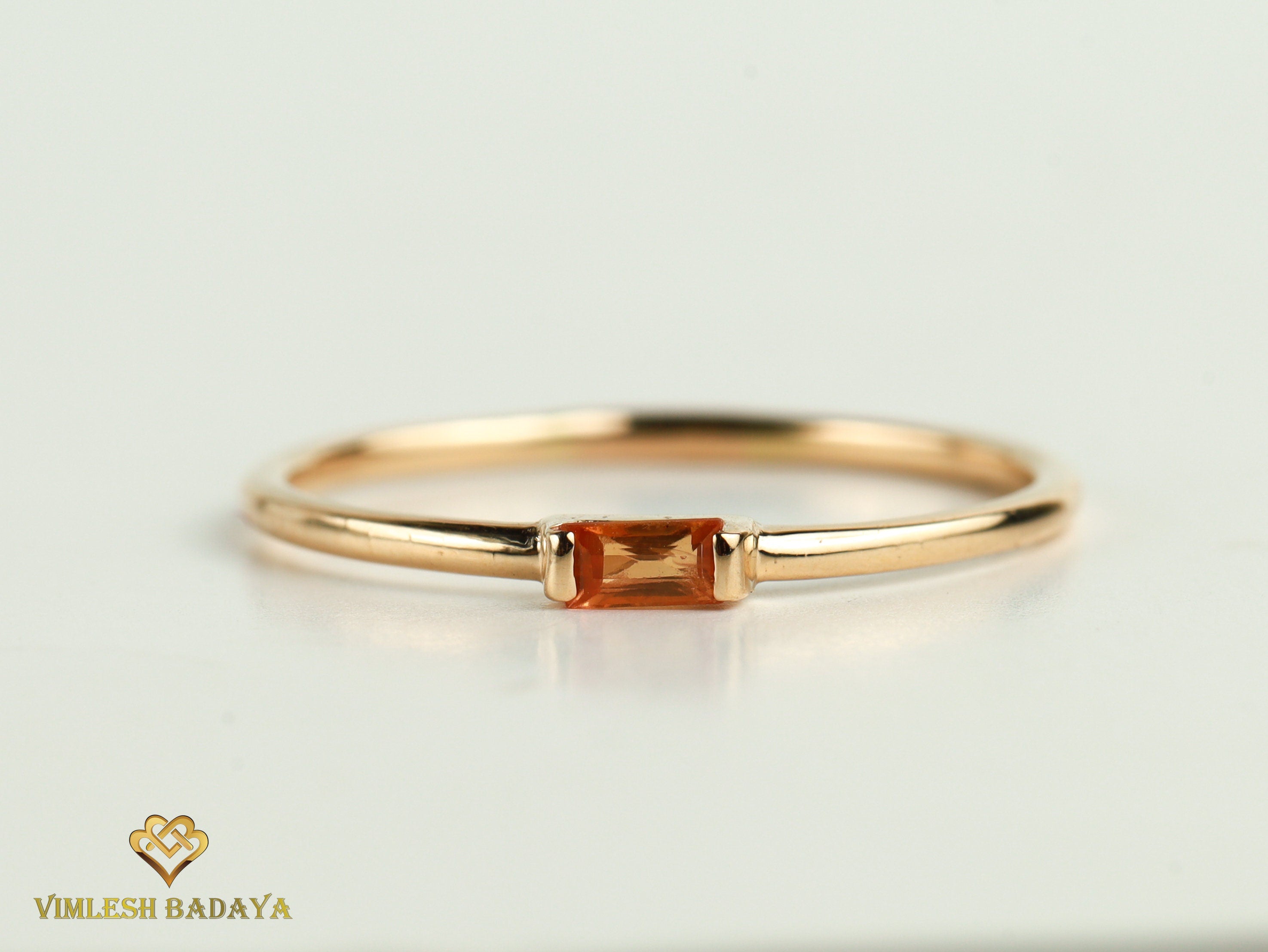 Orange Sapphire Baguette Ring | Minimalist Stacking Ring in Solid Gold | Christmas Gift -