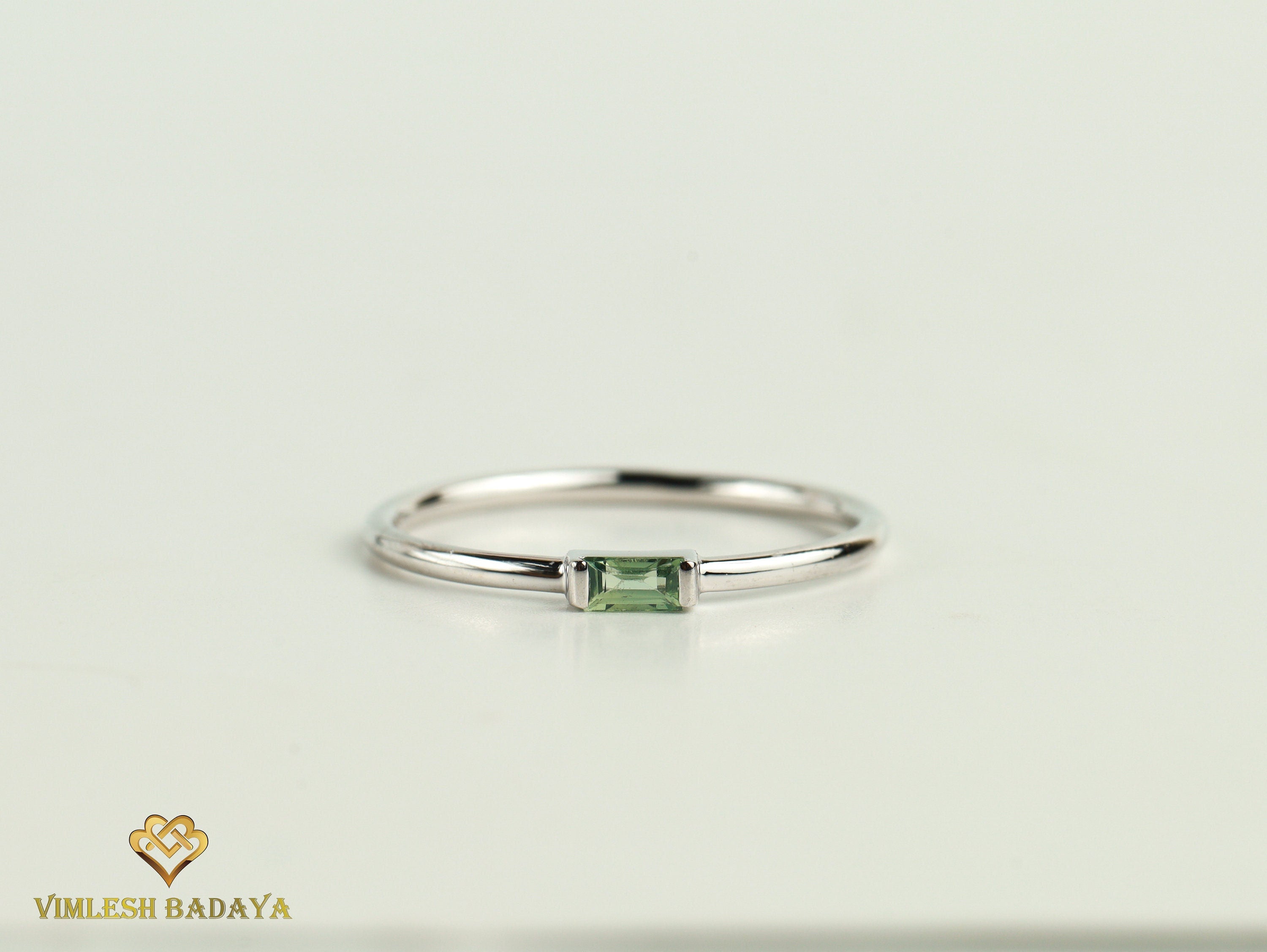 Green Baguette Sapphire Ring | Teal & Mint Green Sapphire in Solid Gold | Dainty Baguette Stacking Ring -