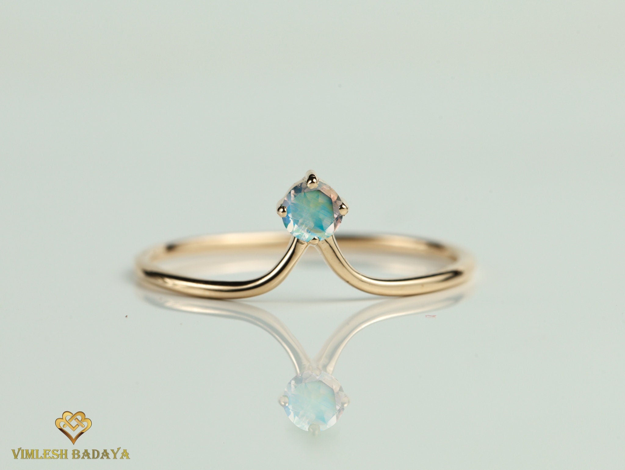 Rainbow Moonstone Stacking Ring | Round Cut Dainty Moonstone Ring | Anniversary Gift for Her -