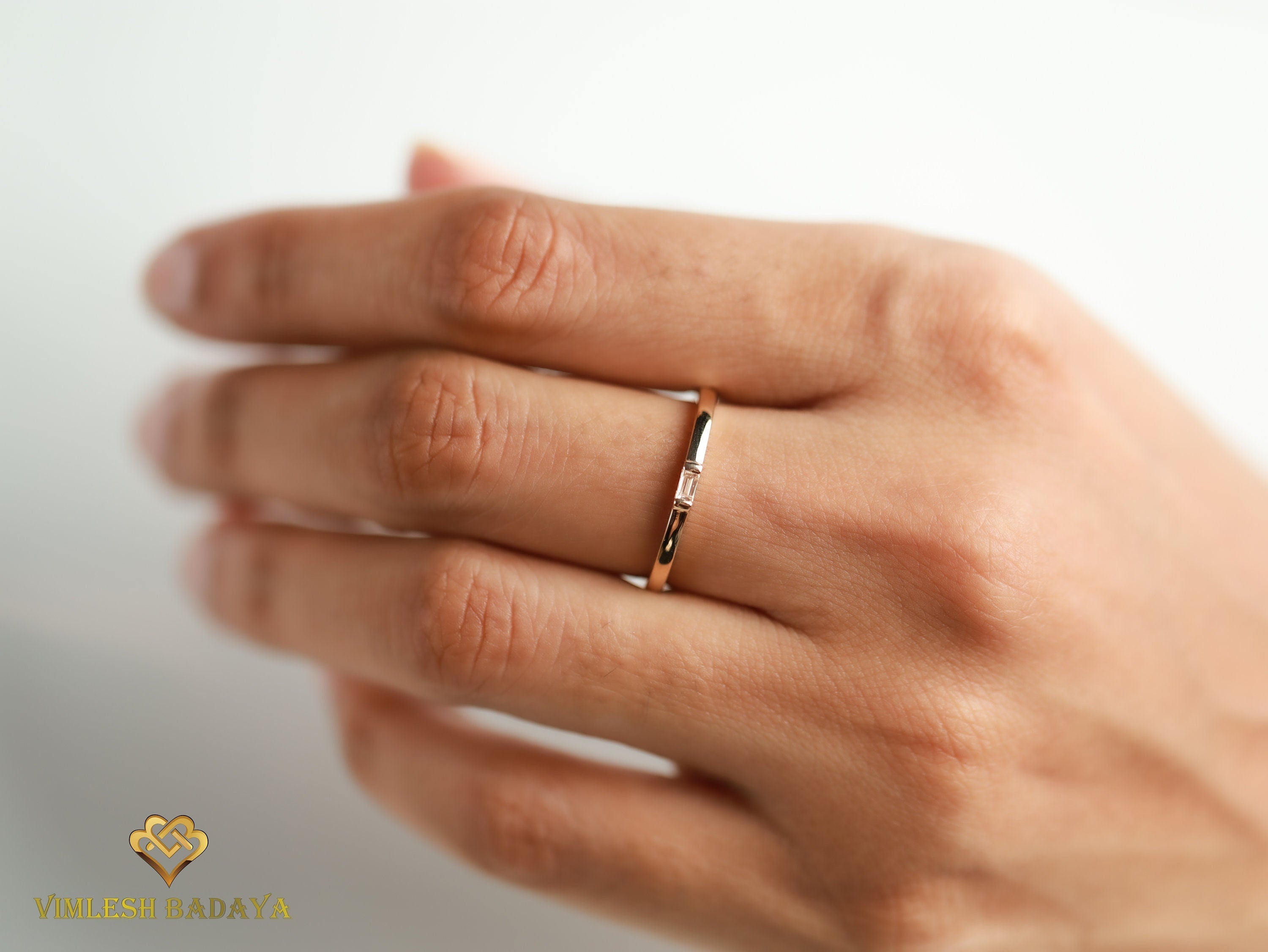 Diamond Baguette Ring | Gold Diamond Stacking Ring | Dainty Gold and Diamond Ring -