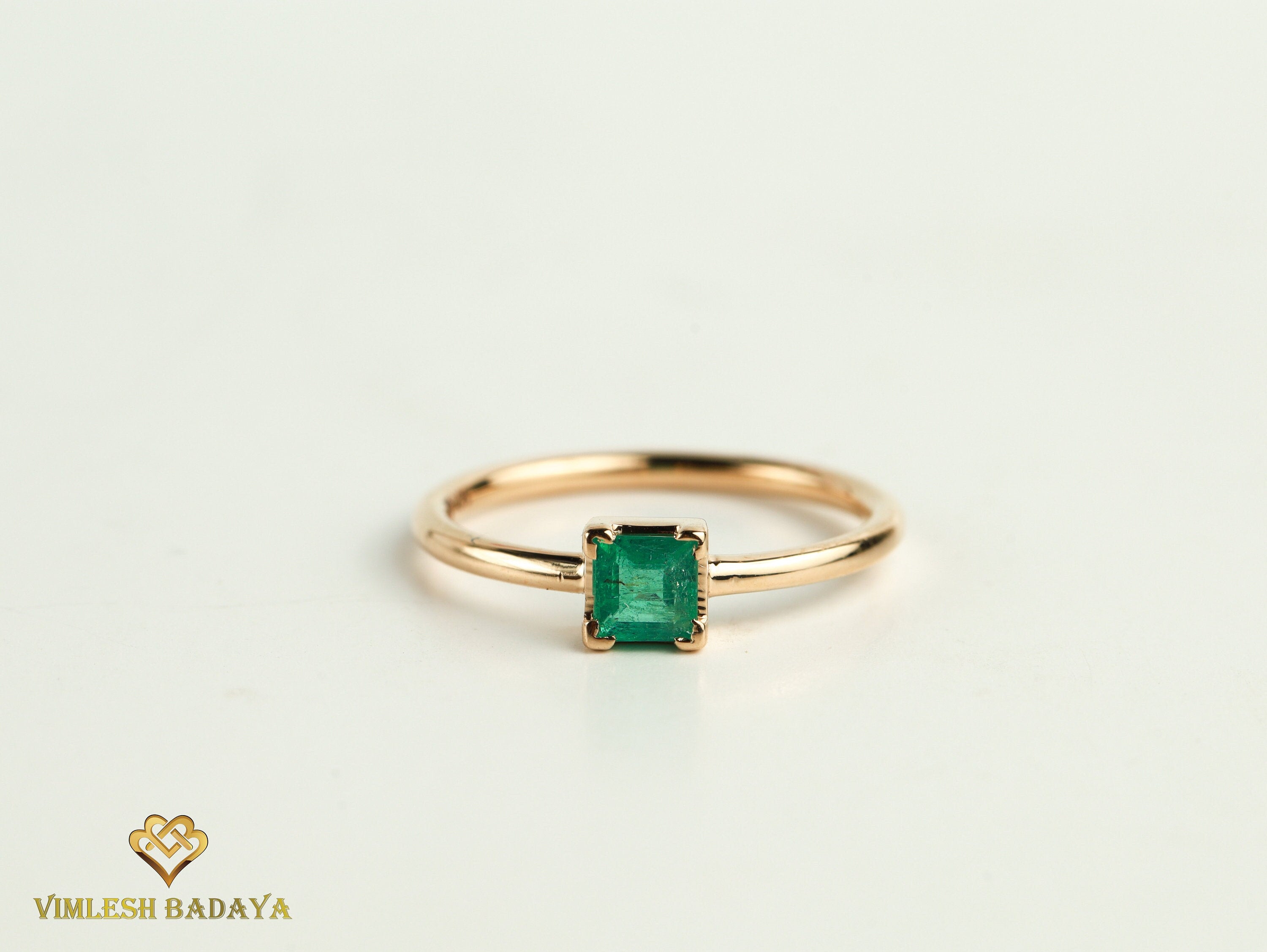 Natural Emerald Stacking Ring | Square Emerald Band | Dainty Promise Ring in Gold -