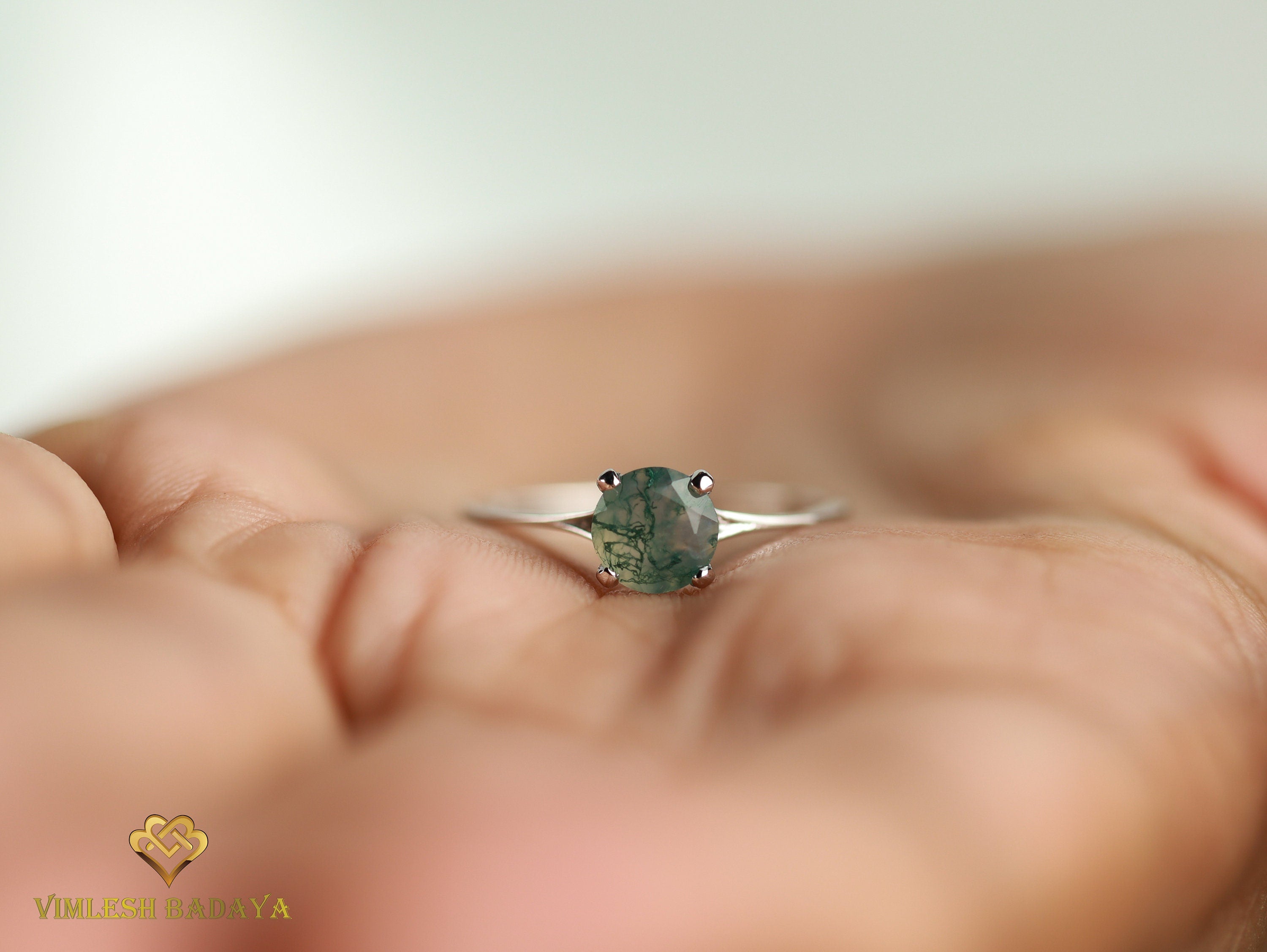 Moss Agate Solitaire Engagement Ring | Round Cut Moss Agate Ring | Handmade Anniversary Ring -